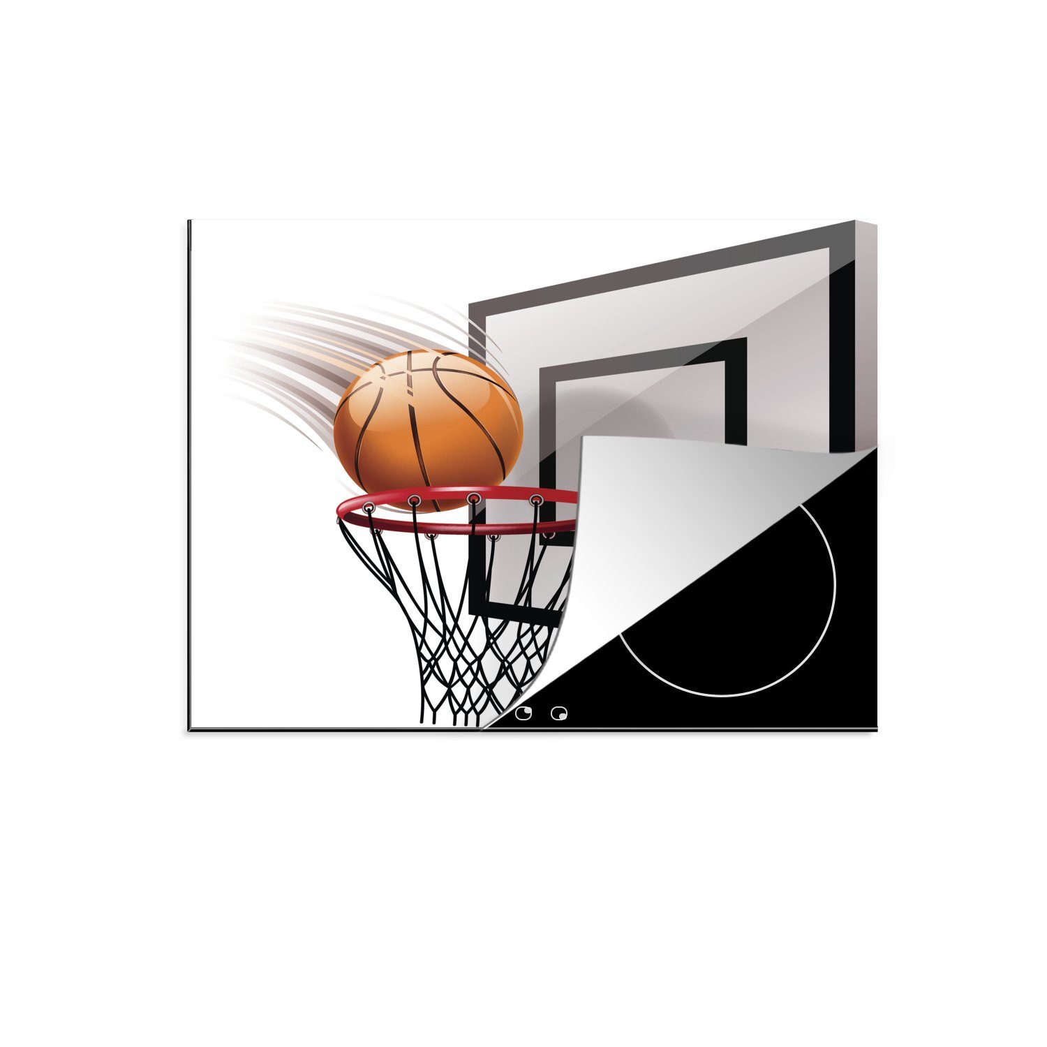 MuchoWow Herdblende-/Abdeckplatte Eine Illustration eines Basketballs, der in den Korb fällt, Vinyl, (1 tlg), 60x52 cm, Mobile Arbeitsfläche nutzbar, Ceranfeldabdeckung