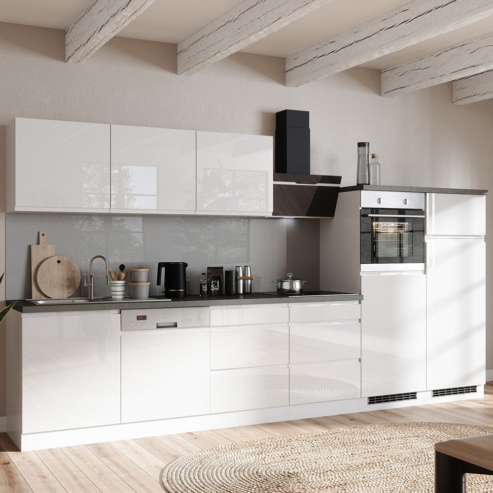 Lomadox Küchenzeile MARSEILLE-03, Fronten Hochglanz weiß, Arbeitsplatte Betonoptik, 360cm, inkl E-Geräte