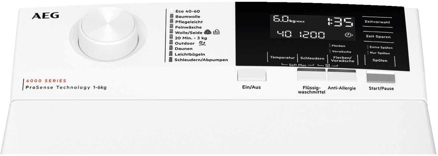 AEG Waschmaschine Toplader 6000 ProSense® LTR6A360TL, 6 kg, 1300 U/min, Anti-Allergie-Programm: Entfernt zuverlässig Viren und Bakterien