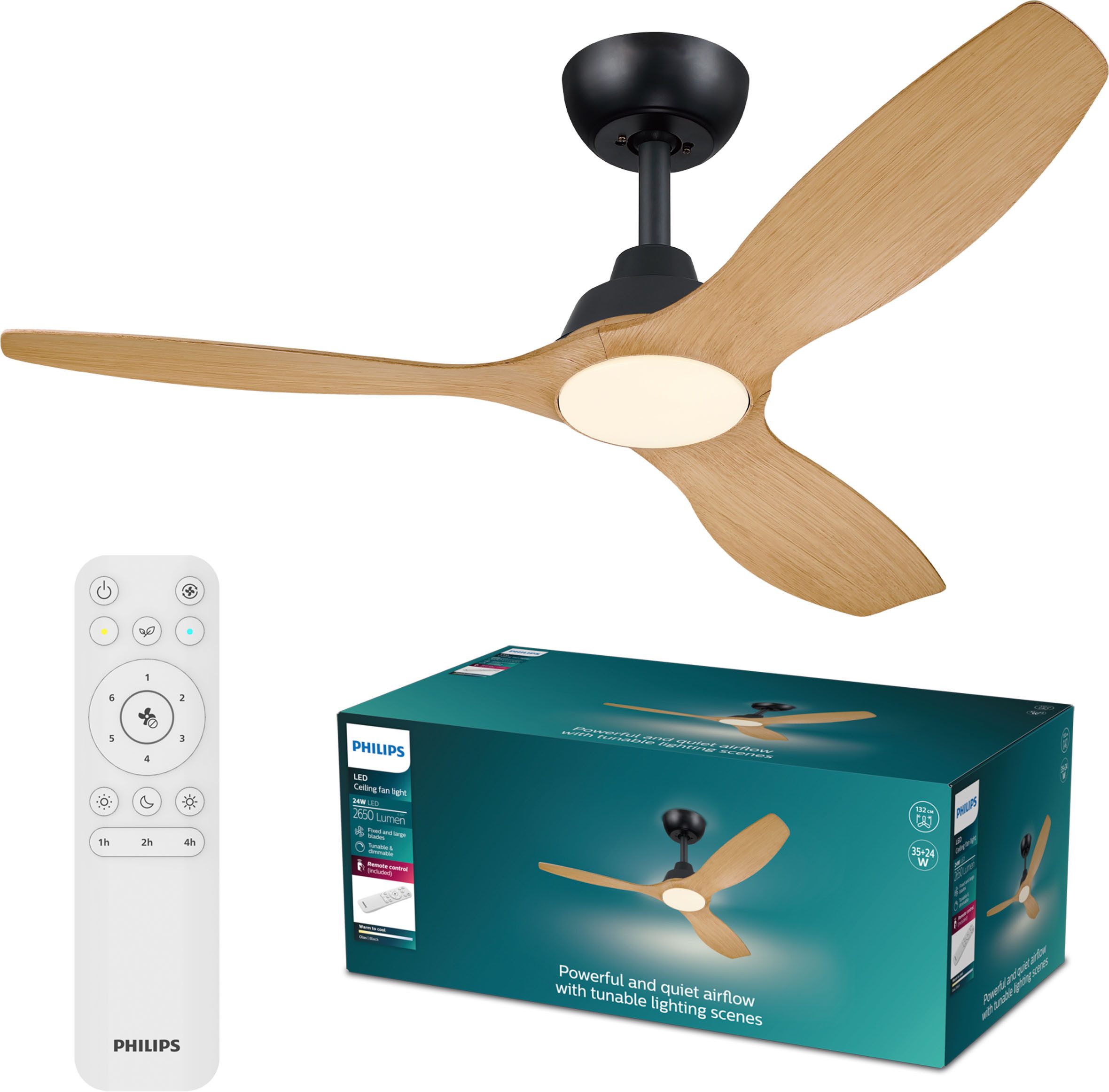 Philips LED Deckenleuchte Olas 24W DC-Ventilator 30W, fixe Rotorblätter, ⌀ 106cm, schwarz-braun, CCT - über Fernbedienung, Dimmer, Dimmfunktion, Ein-/Ausschalter, Farbsteuerung, Fernbedienung, Infrarot inkl., Memoryfunktion, Ventilatorfunktion, dimmbar über Fernbedienung, mehrere Helligkeitsstufen, LED fest integriert, warmweiß - kaltweiß, 3000-6500 Kelvin, dimmbar mit Fernbedienung, 2650 Lumen