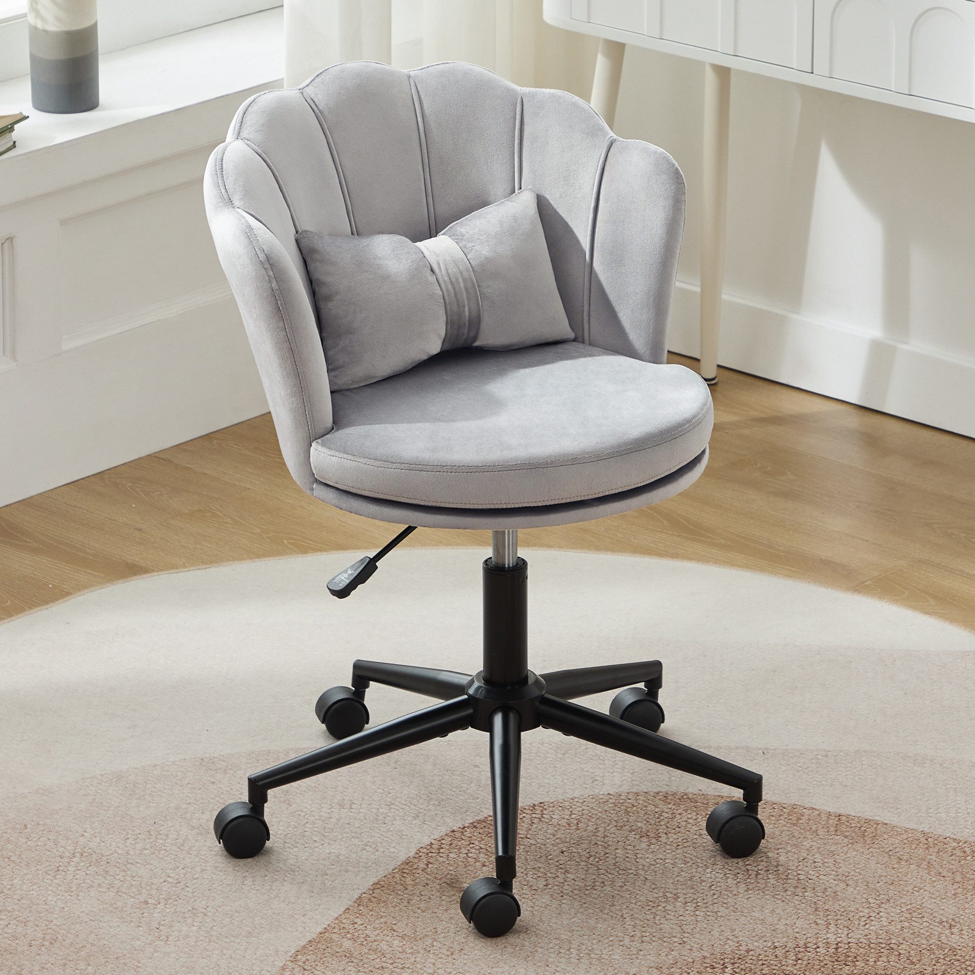 Flieks Drehstuhl mit Rollen Bürostuhl höhenverstellbar (mit schmetterlingsförmiges Lendenkissen und blütenblattförmige Rückenlehne, B55/T62/H73-63 cm), Schminktischstuhl Schreibtischstuhl Ankleidestuhl Samt
