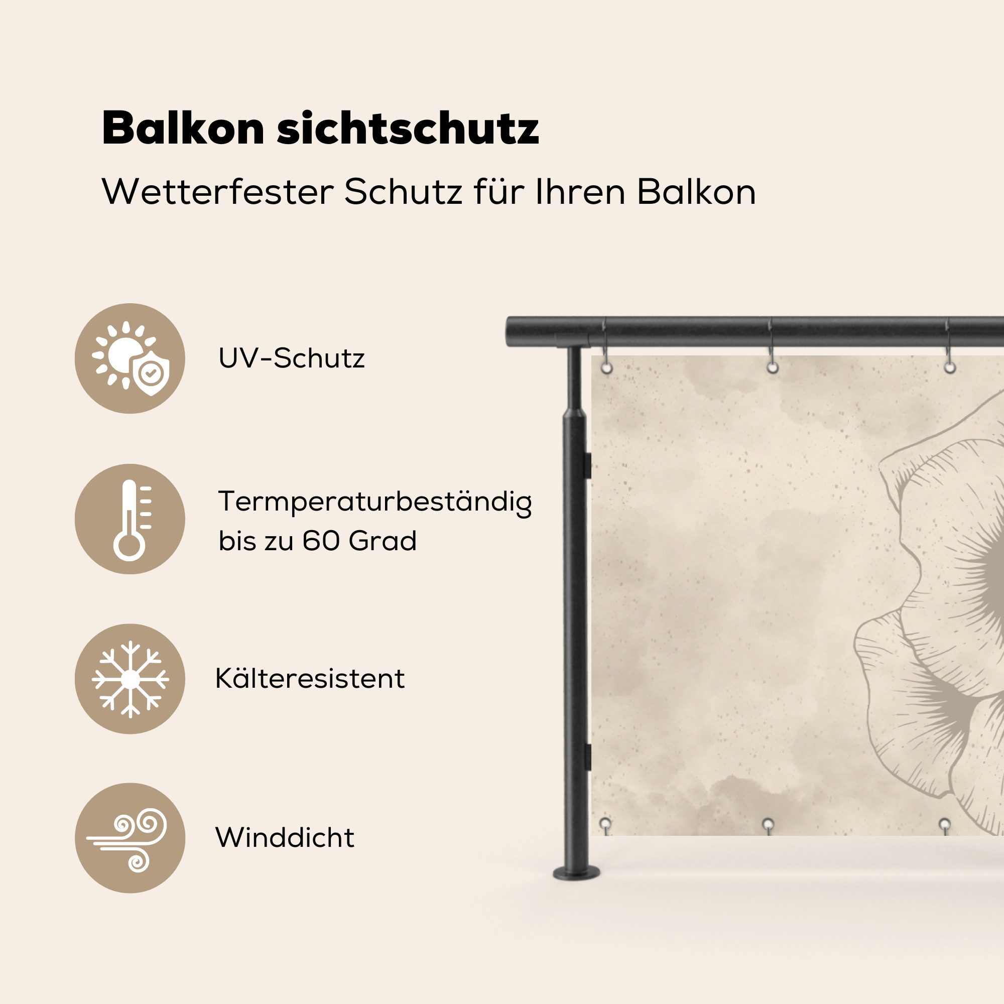 MuchoWow Balkonsichtschutz Blume - Rose - Beige - Taupe (1-St) Balkon Sichtschutz 90x200, Windschutz für Zaun PVC, 200x90 cm – Bild 3 von 5