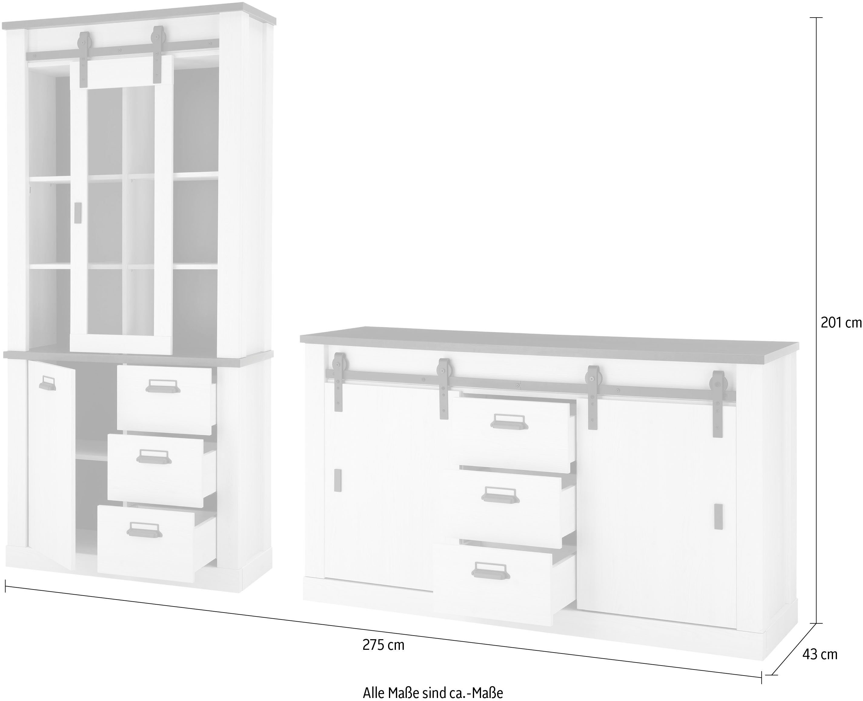 Home affaire Wohnwand SHERWOOD, (2-St), Scheunentorbeschlag und Apothekergriffe aus Metall, Höhe 201 cm