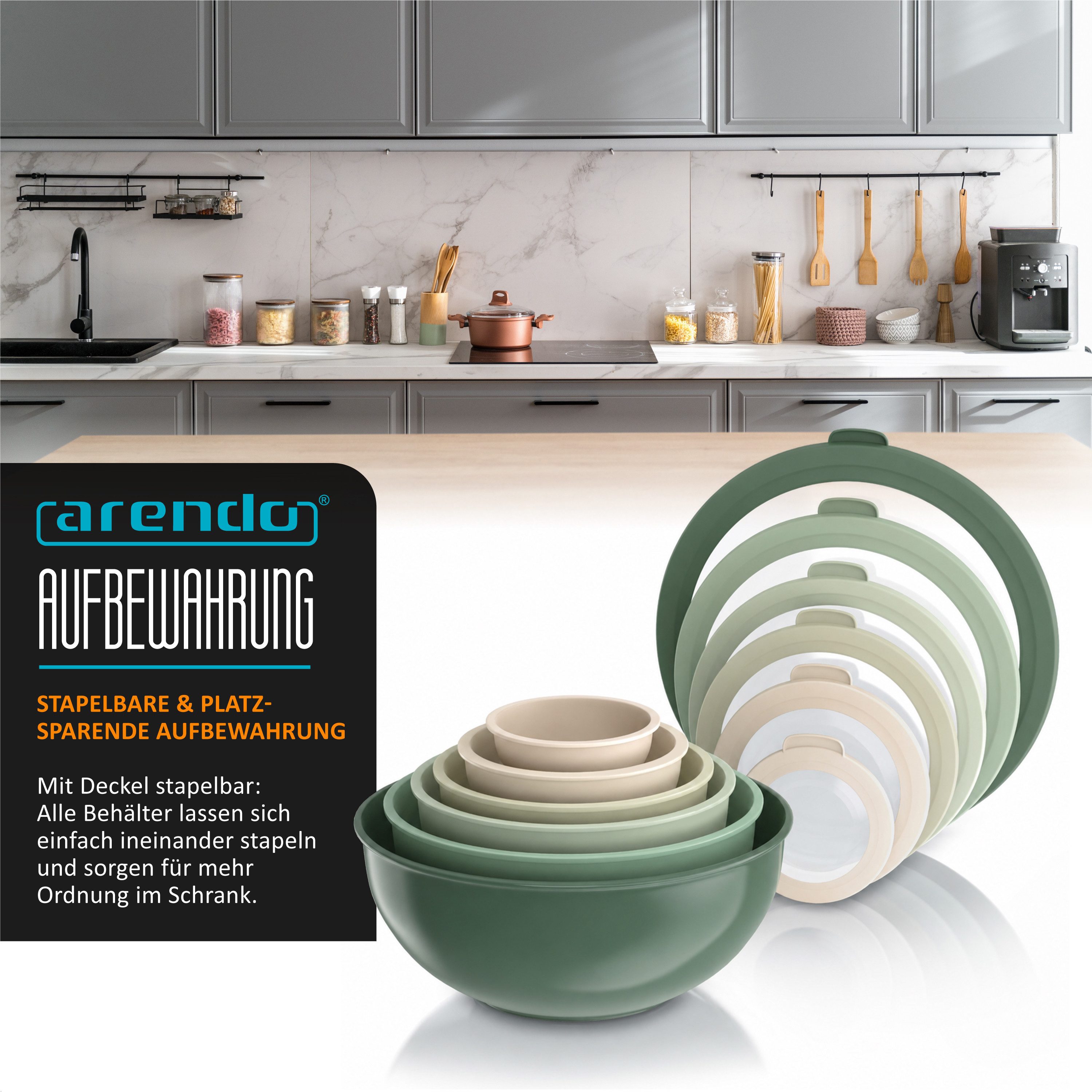 Arendo Salatschüssel 6er Schüssel Set mit Deckel, 0,26 bis 5 Liter, Rührschüssel, Kunststoff, (Set, 6-tlg), auslaufsicher, stapelbar, Spülmaschinen & Mikrowelle – Bild 4 von 5
