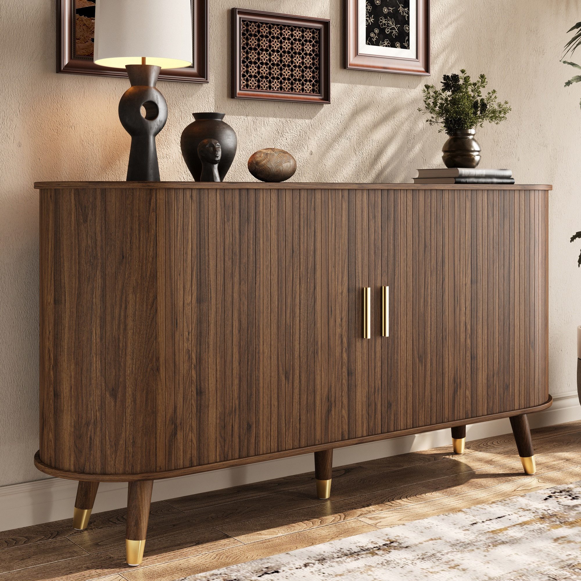 Merax Sideboard mit 2 Schiebetüren, 2 Schubladen & offenen Regalfächern (Aufbewahrungsschrank, 1 St., 140 x 40 x 79,5 cm (L x B x H), Kommode mit vertikaler Maserung, abgerundeten Ecken & Massivholzbeinen