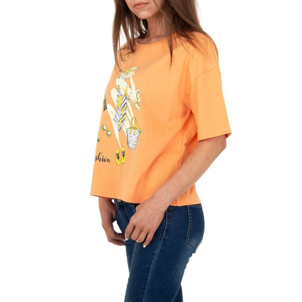 Damen Shirts Ital-Design T-Shirt Damen Freizeit Strass Print T-Shirt in Orange