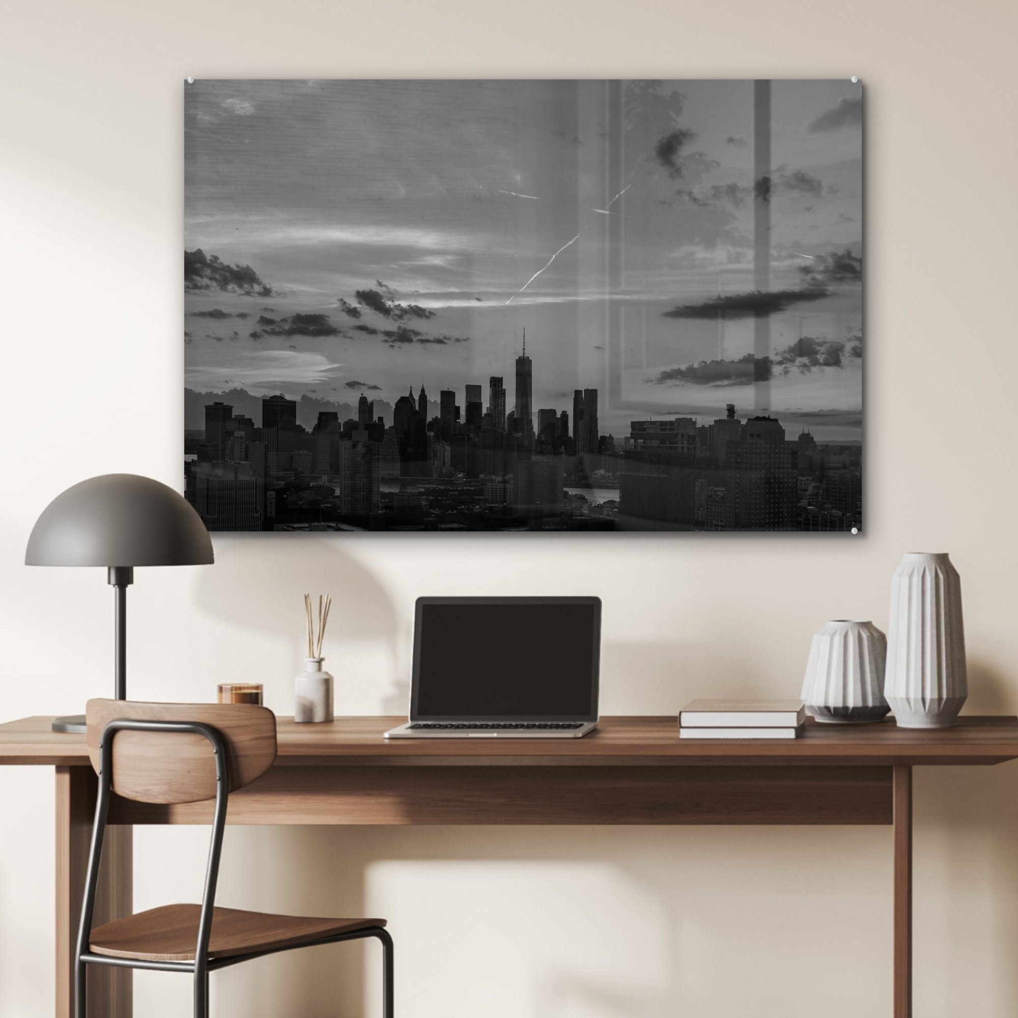 (1 Schlafzimmer - Weiß, Stadt Wohnzimmer - Acrylglasbilder - MuchoWow Manhattan Schwarz St), Acrylglasbild &