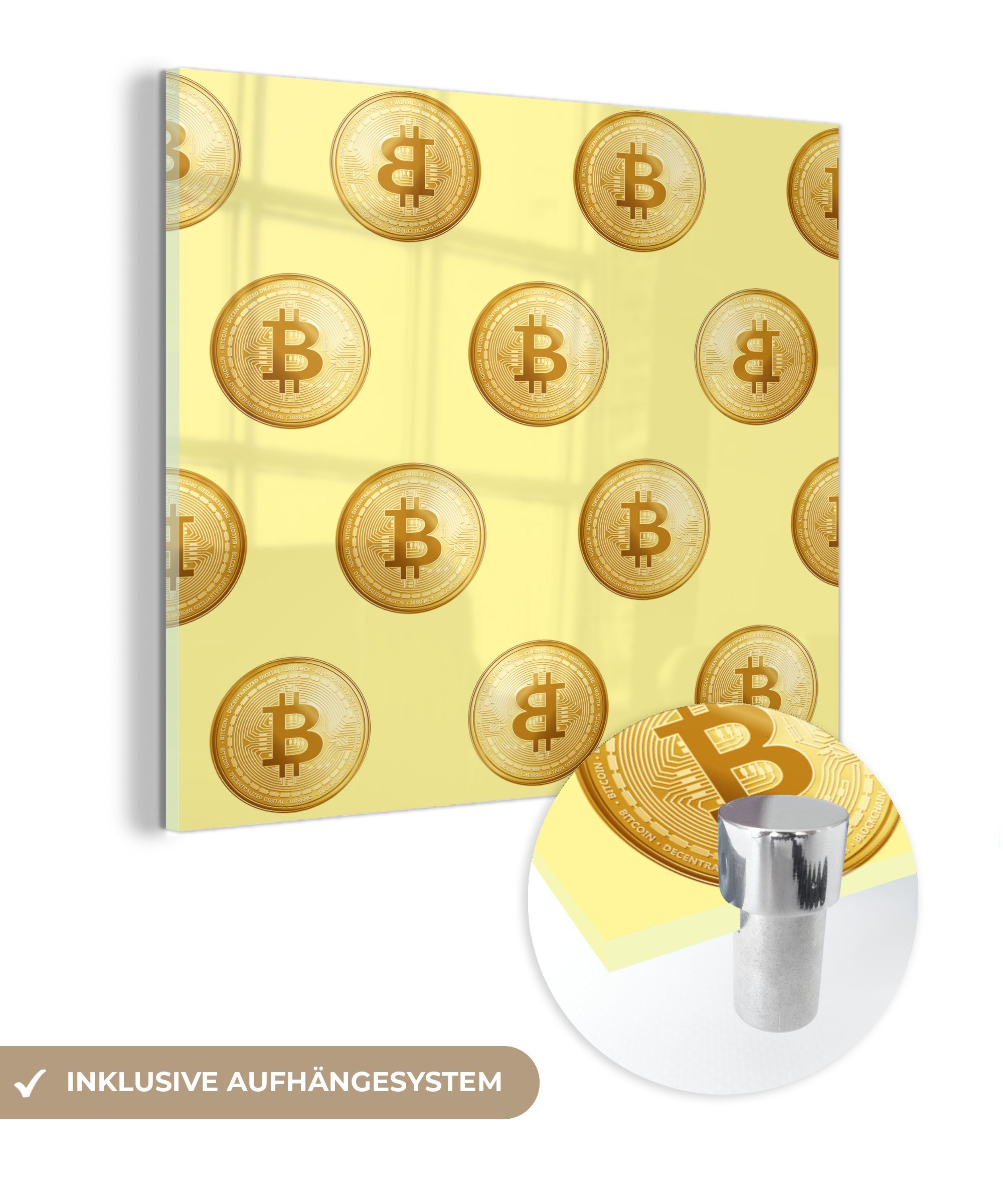 Wandbild Bilder Acrylglasbild - Bitcoin Glasbilder Muster Gold - auf - auf - Glas Wanddekoration - (1 MuchoWow Glas Gelb, - St), Foto