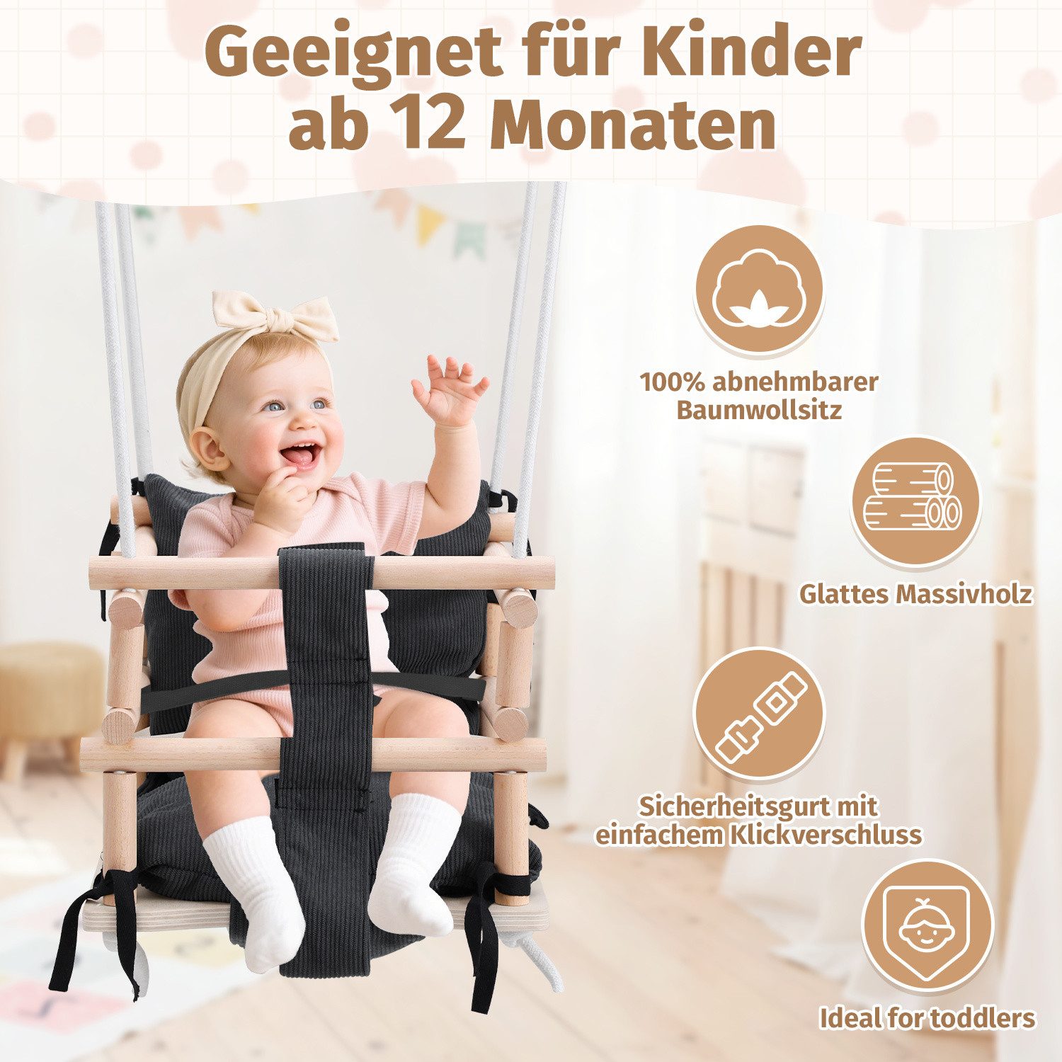Clanmacy Babyschaukel Kinder Holzschaukel mit grauem Kissen und verstellbaren Seilen