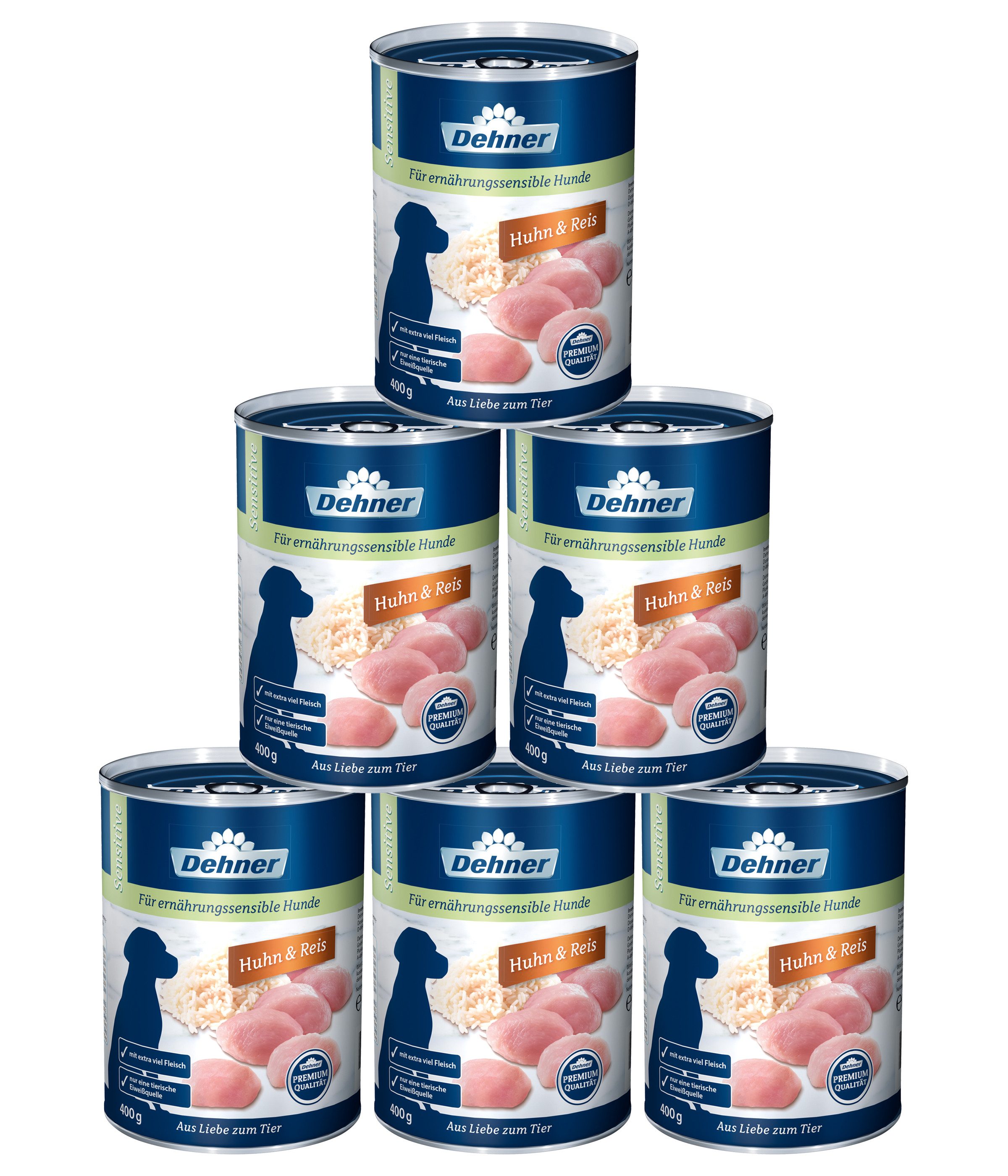 Dehner Premium Sensitive, versch. Sorten, 6 x 400 g / 800 g Dose, zuckerfrei, Nassfutter für: Hunde, Nassfutter für ausgewachsene, ernährungssensible Hunde