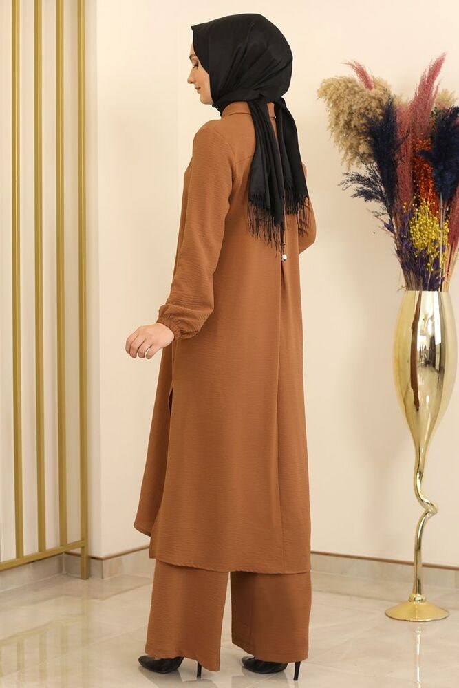 Modavitrini Longtunika Damen Anzug Zweiteiler Kleidung Knöpfe, Aerobin Lange mit Hose Tunika Stoff Hijab Braun