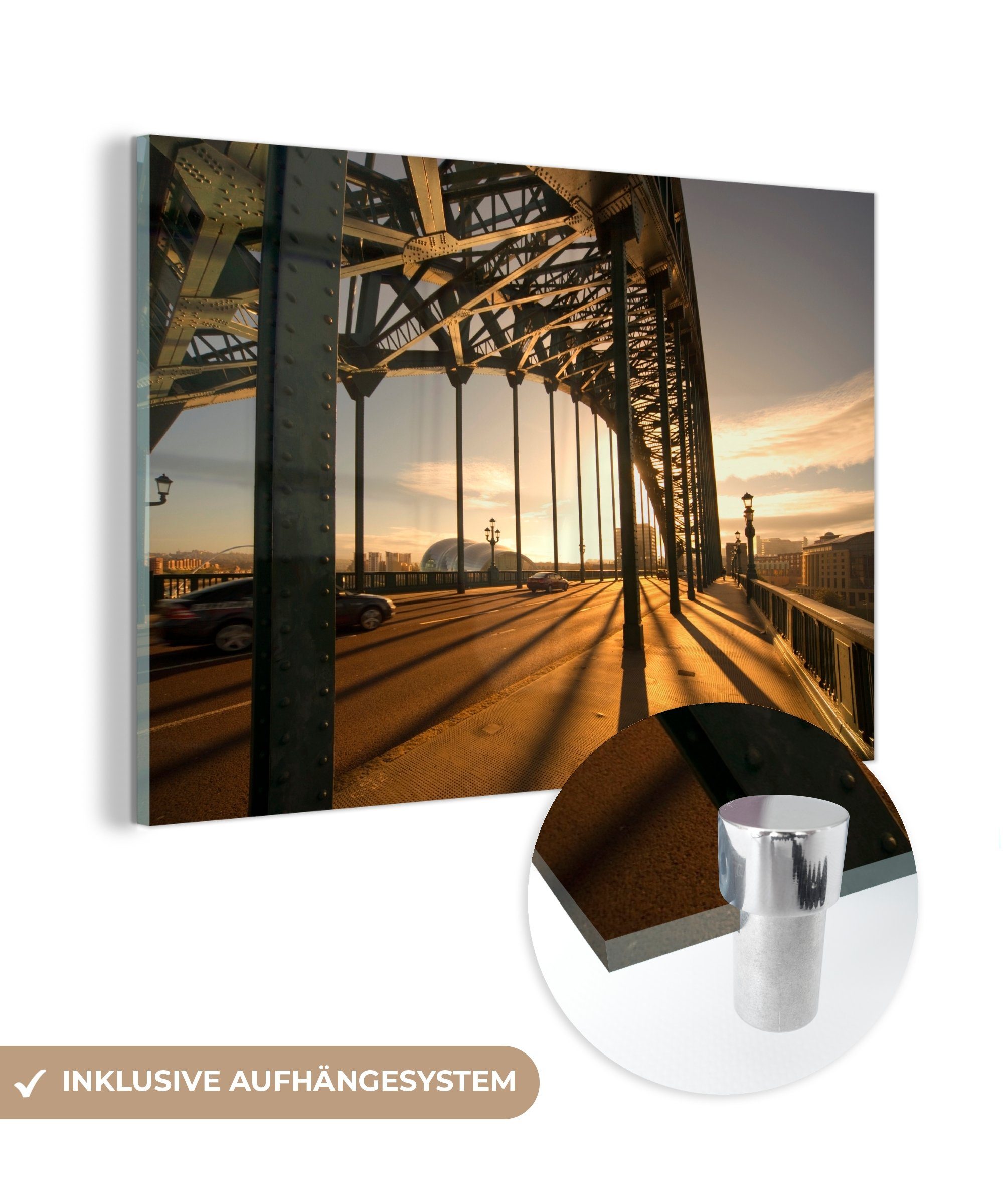 MuchoWow Acrylglasbild Die Sonne beleuchtet die Tyne-Brücke in Newcastle-upon-Tyne, (1 St), Acrylglasbilder Wohnzimmer & Schlafzimmer