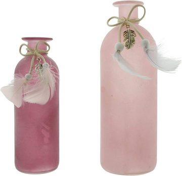 Dekoleidenschaft Tischvase aus Glas in rosa Beeren-Tönen, verziert mit Federn, 16 und 20 cm hoch (2 St., im Set), Glasvase, Blumenvase, Vasenset in Flaschen Form