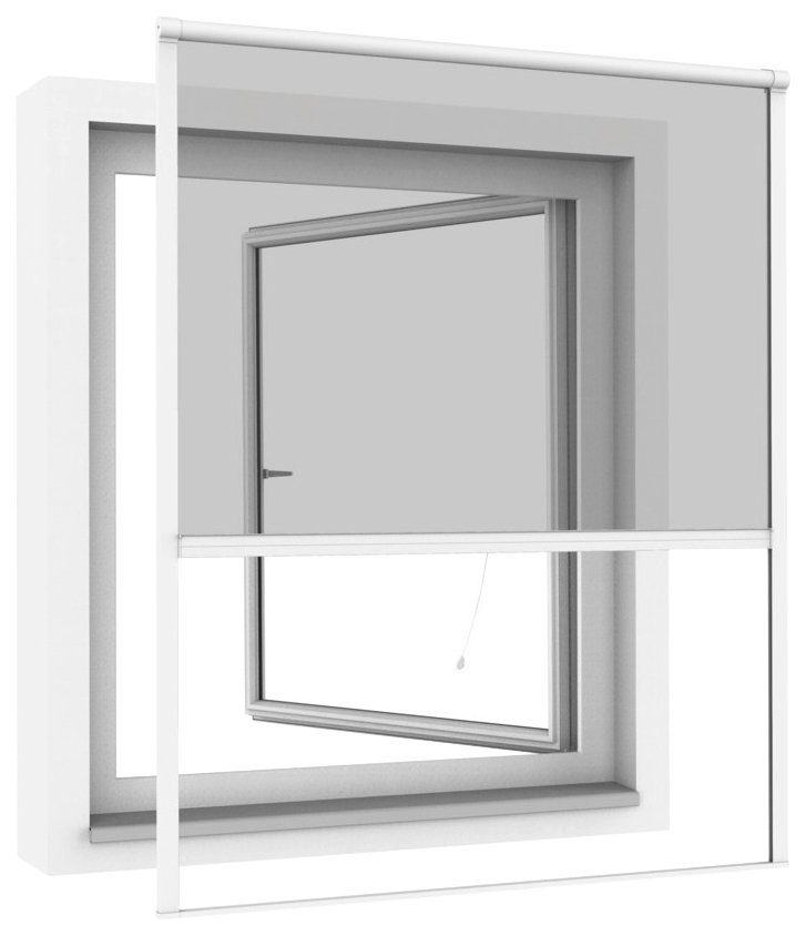 Insektenschutzrollo Plus für Fenster, Fliegengitter mit Rahmen zum hochschieben, Windhager, transparent, ohne Bohren, Moskitonetz Rollo 130 x 160 cm, erhältlich in anthrazit oder weiß