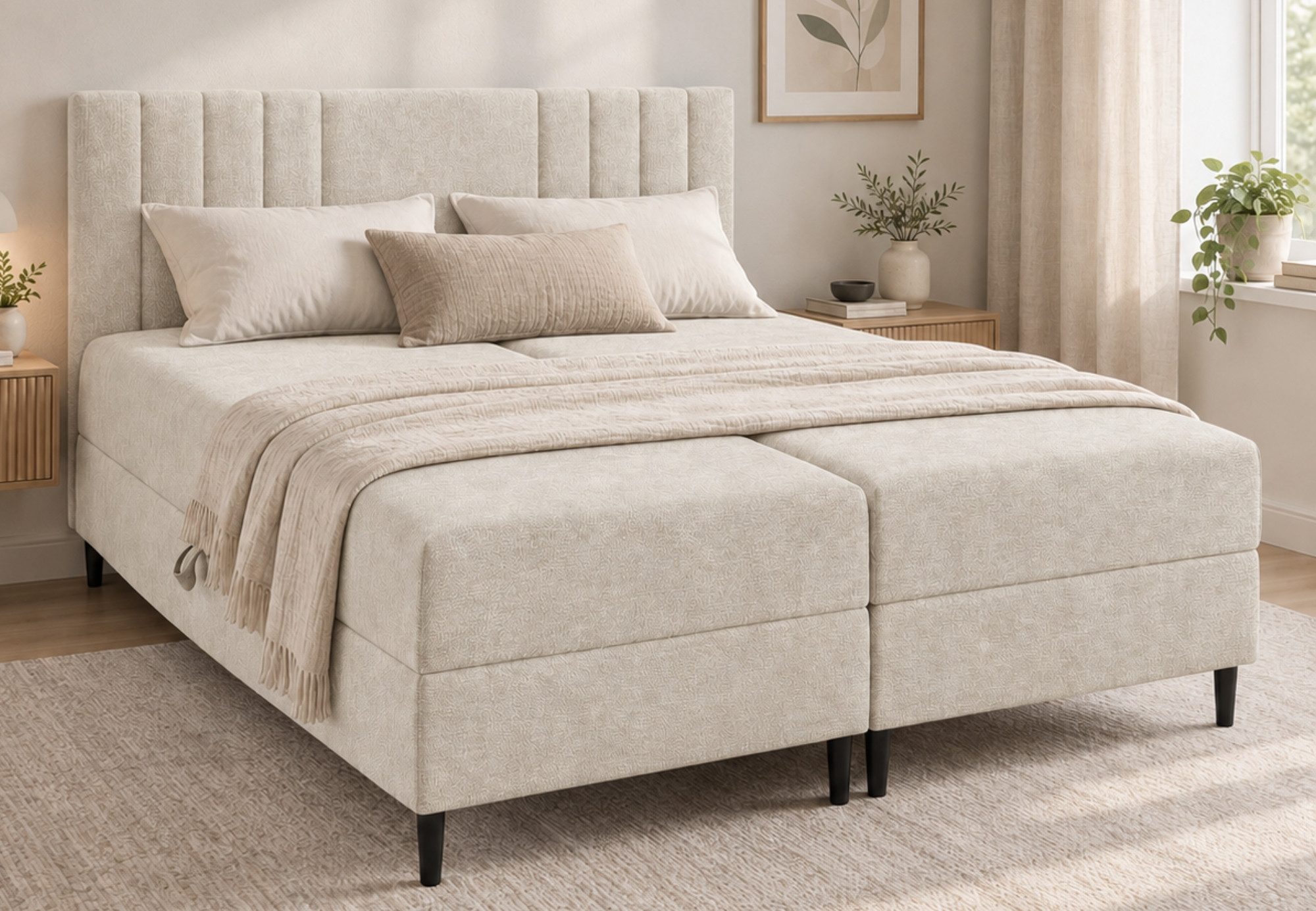 Home Collective Boxspringbett Polsterbett Doppelbett Bett mit Stauraum Bonnell-Matratze (Größen 120x200, 140x200, 160x200, 180x200, 200x200 cm), federunterstützter Bettkasten, Chenille-Stoff Beige