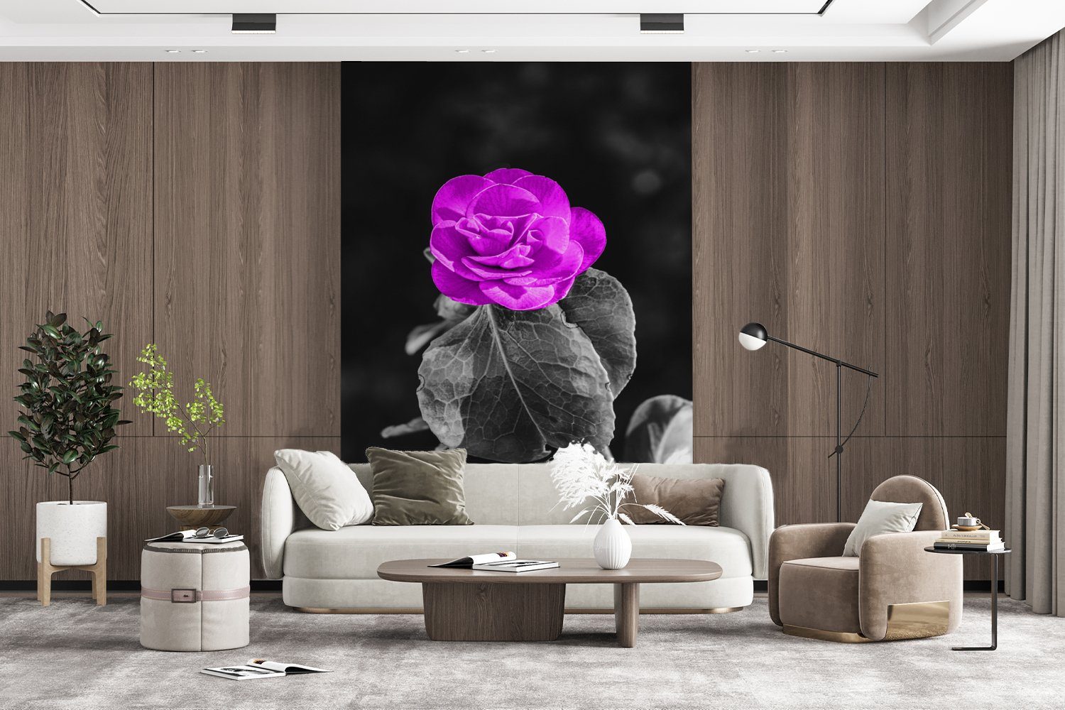 (3 - - MuchoWow Weiß, Wohnzimmer, für Montagefertig bedruckt, Tapete Lila Schwarz Wandtapete Blumen Matt, - St), Fototapete Vinyl Rose -