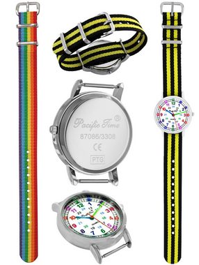 Pacific Time Quarzuhr Armbanduhr Jungen Lernuhr Textil Wechselarmband schwarz gelb 12920, + farbenfrohes Regenbogen Armband - Gratis Versand
