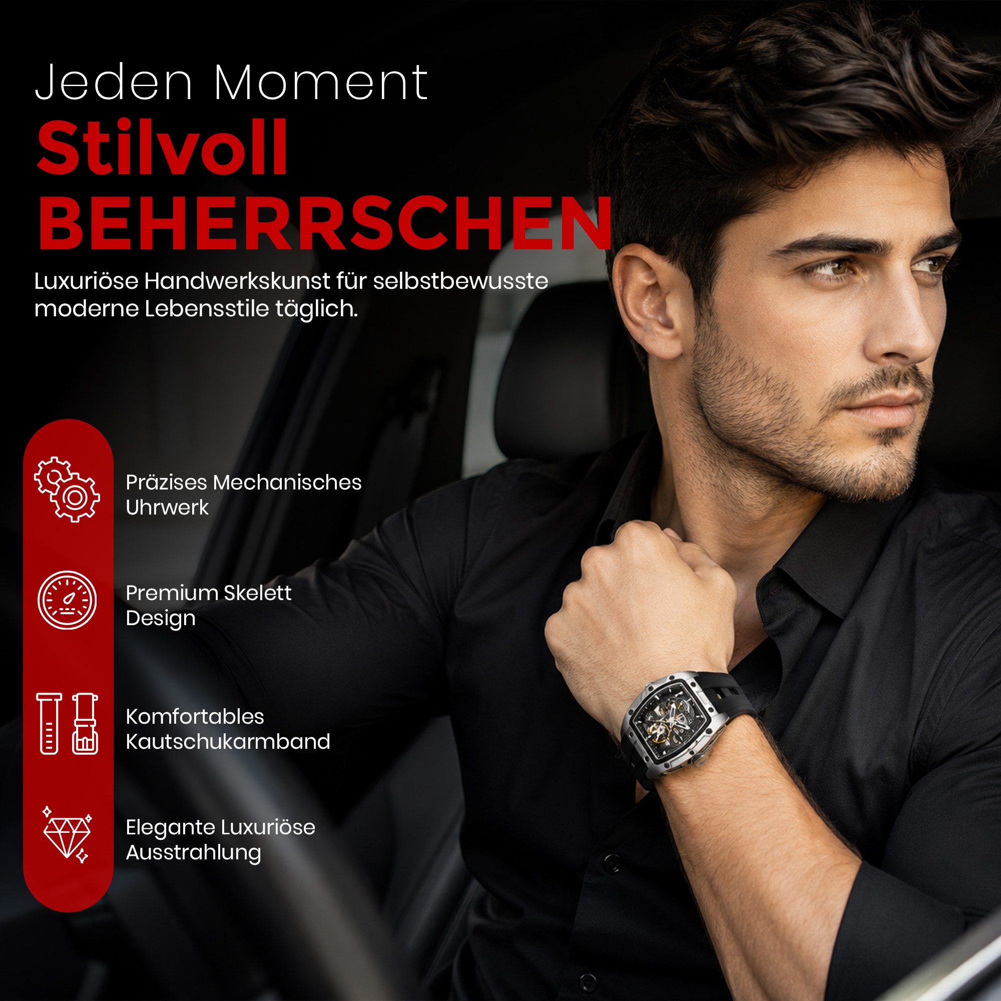 S&T Design Automatikuhr Armbanduhr Herren Uhr Edelstahl Silikon Skelett Skelleton, (inkl. Geschenkbox, Schnalle), Mechanisch 50M Wasserdicht Rechteckig