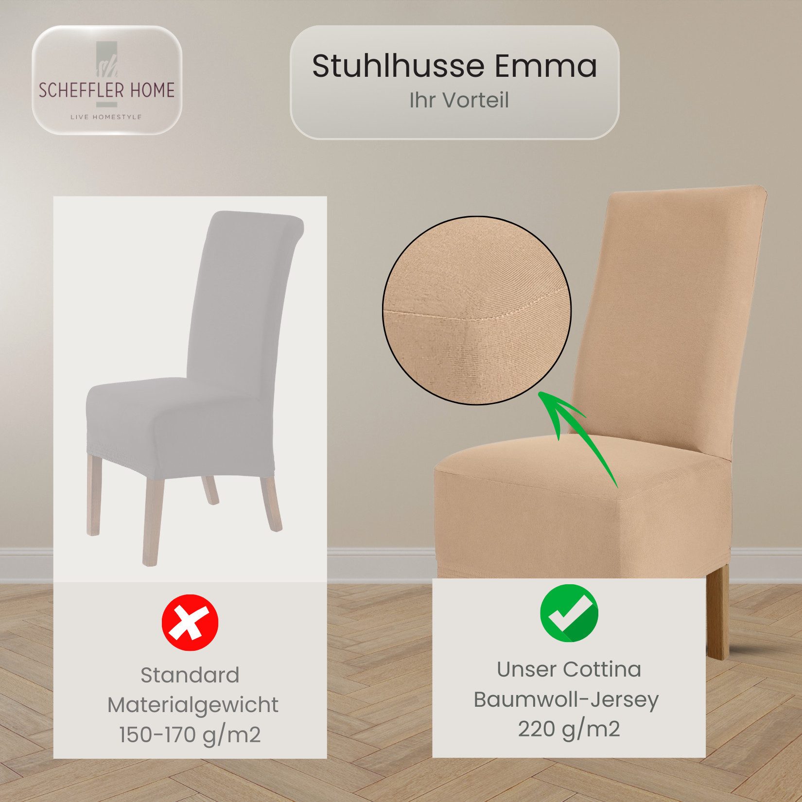 sh SCHEFFLER-HOME LIVE HOMESTYLE Stuhlhusse Moderner Stuhlbezug "Emma" aus elastischer Baumwolle Cottina, abnehmbarer & waschbarer Spannbezug für Stühle – Bild 4 von 5