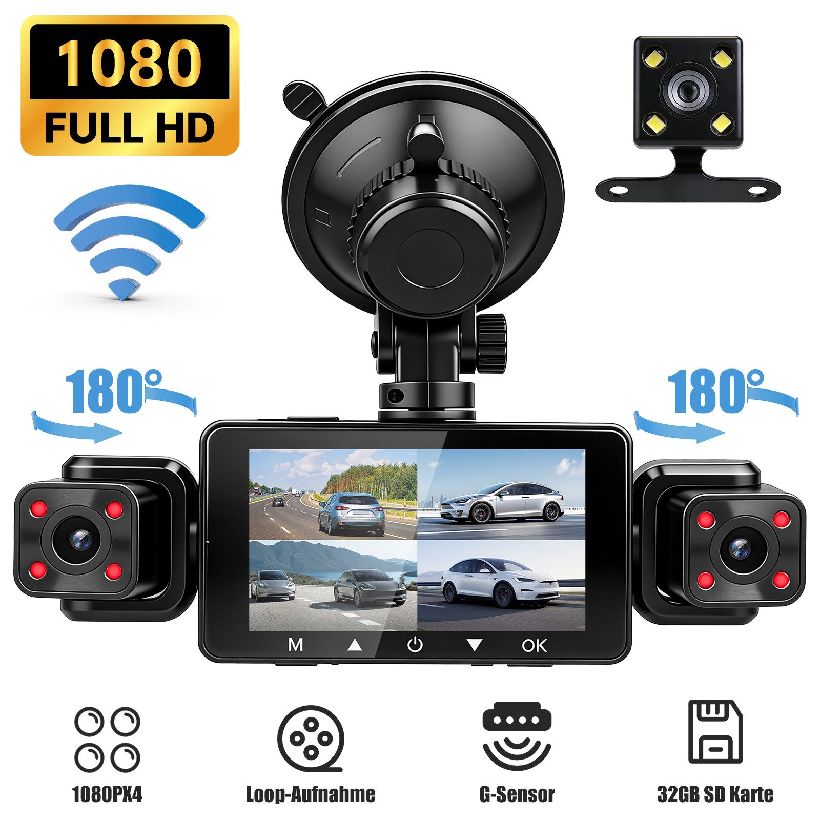 CkeyiN Pro 1080P Dashcam Auto Dashcam (1080, 3-Zoll,WiFi DashCam mit 32GB Karte, G-Sensor, mit Nachtsicht, WDR, 140° Weitwinkel, Loop-Aufnahme)