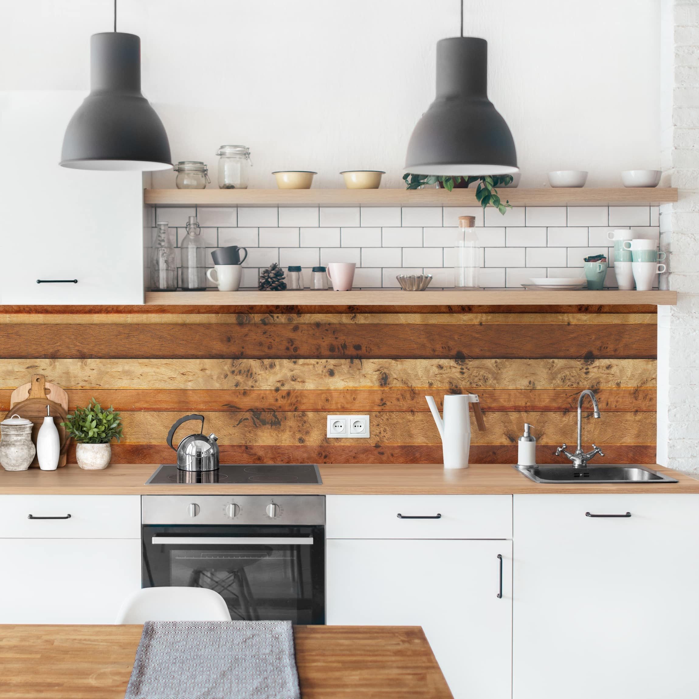 Bilderdepot24 Küchenrückwand selbstklebend braun Muster Landhaus, (1-tlg., Nischenrückwand - für Fliesenspiegel ohne Bohren - matt), Nischenrückwand Holzoptik fugenlos Wandpaneel Küche Herd