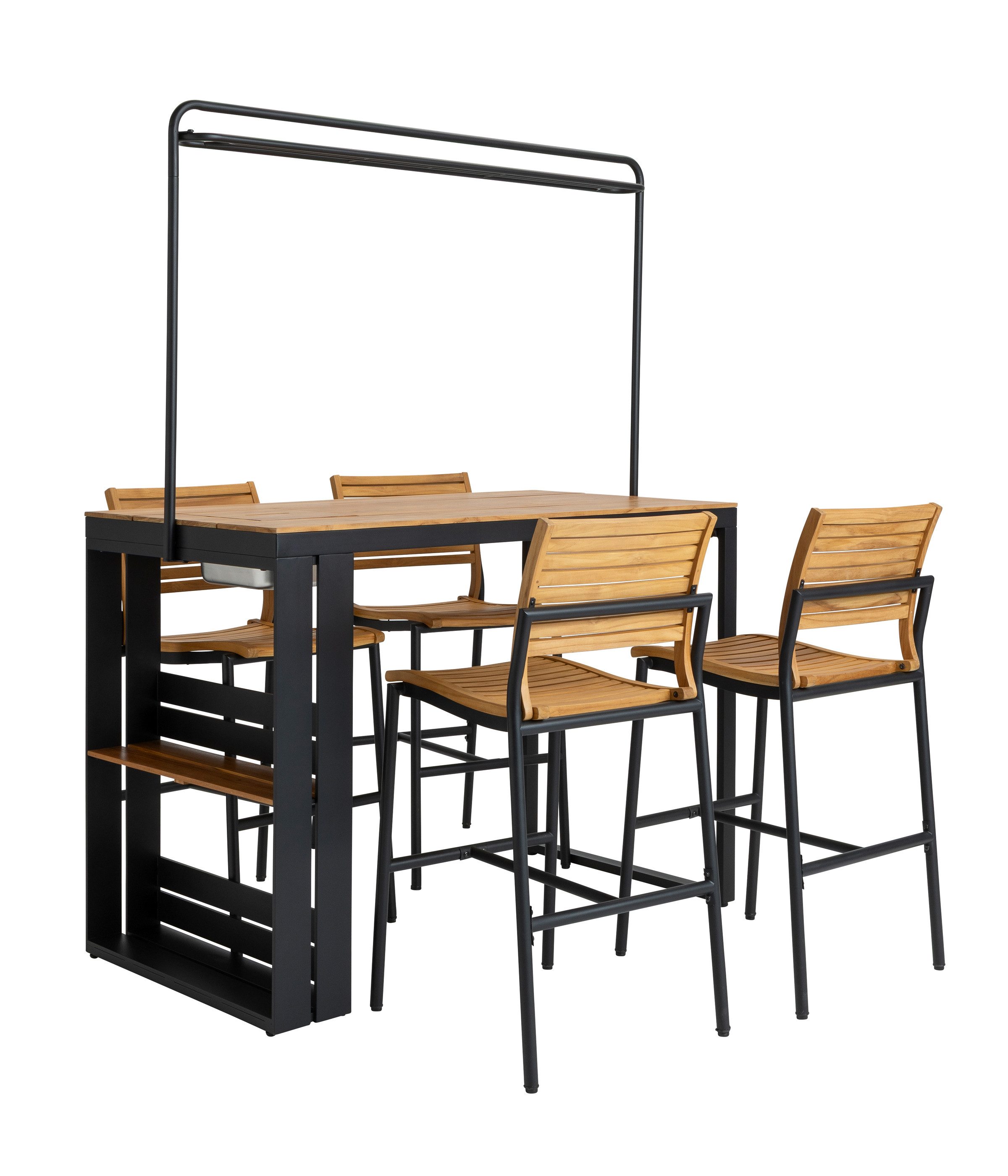 Dehner Balkonset Bar New Jersey 5-tlg., inkl. Stühle und Stehtisch, 155 x 75 x 98 cm, mit Eisfach, hochwertiges FSC®-zertifiziertes Teakholz & Aluminium