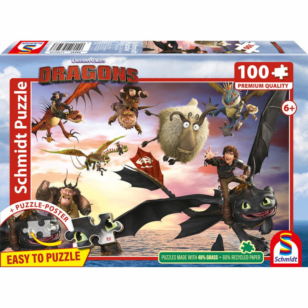 Schmidt Spiele Puzzle Dragons, Drachenreiter in Aktion, 100 Teile, 100 Puzzleteile