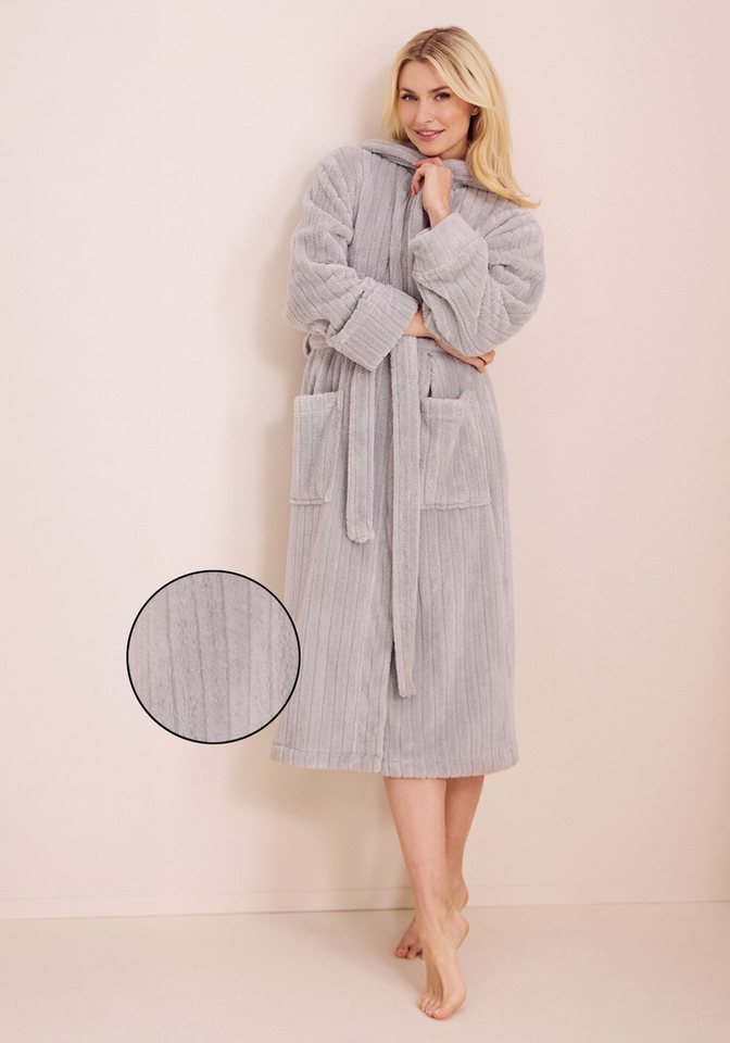 LeGer Home by Lena Gercke Unisex-Bademantel Lovina gestreift, ideal für Sauna & Spa, Hotelbademantel, Morgenmantel, Langform, Microfaser, Kapuze, Gürtel, Hoch-Tief, kuschelig weicher Fleece, plüsch, Damen und Herren, XS-3XL