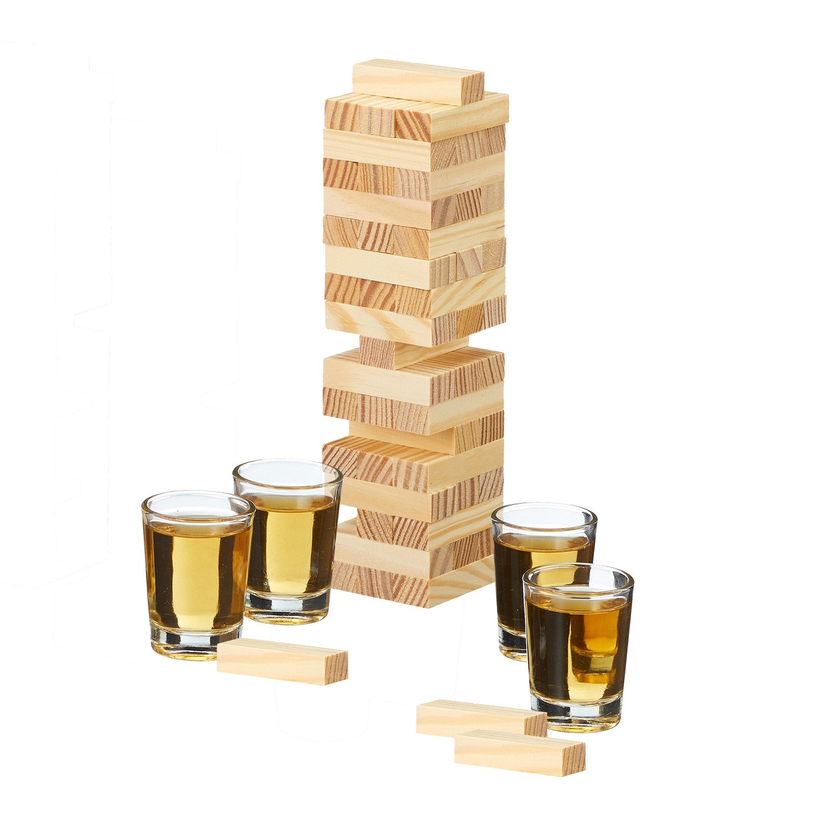 HTI-Living Schnapsglas Trinkspiel Wackelturm Drunking Tower, 52-tlg., Holz, Glas, Partyspiel 2-4 Personen