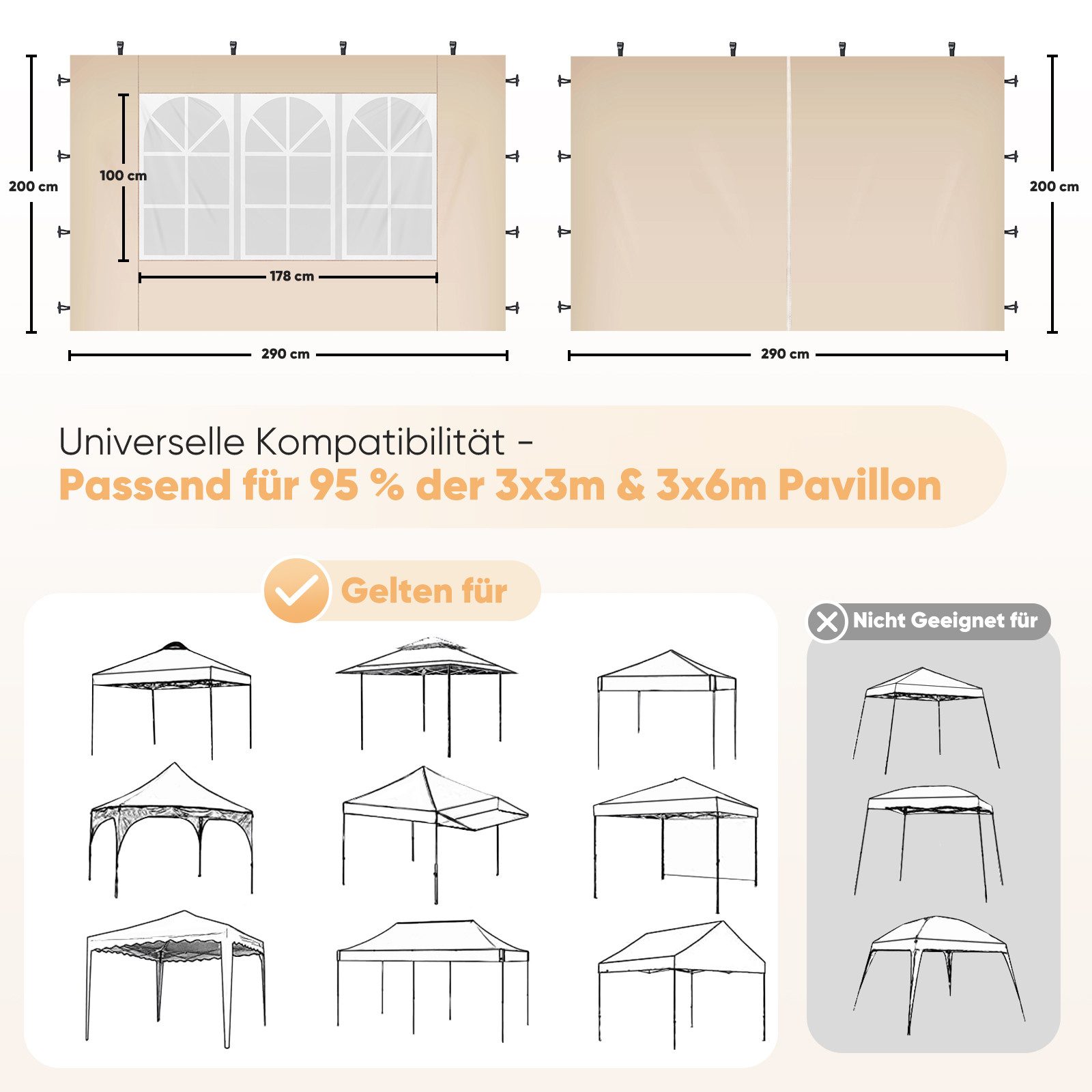 Sekey Pavillonseitenteil 2er Set Pavillon Seitenteile Seitenwand für Faltpavillon 300 x 300 cm, Mit Reißverschluss, mit Fenster / auch für 300 x 600 cm, 300 x 9 – Bild 2 von 5