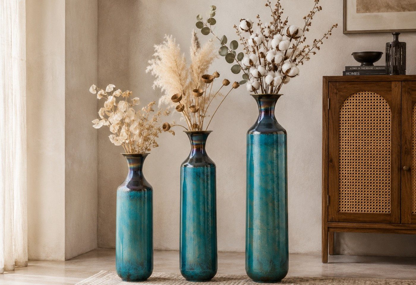 LVHOM Dekovase Bodenvase, Tischvase, 3 tlg. Geometrisches Metall-Vasen-Set, Glasur (drei Höhen (52 cm, 62 cm, 72 cm), Handgefertigt aus Metall. Langlebig & makellos. Exklusiv für Trockenblumen/Pampas & Stil, Ideal als Raumteiler, Pflanzübertopf, Solitärobjekt kreativ gestapelt)