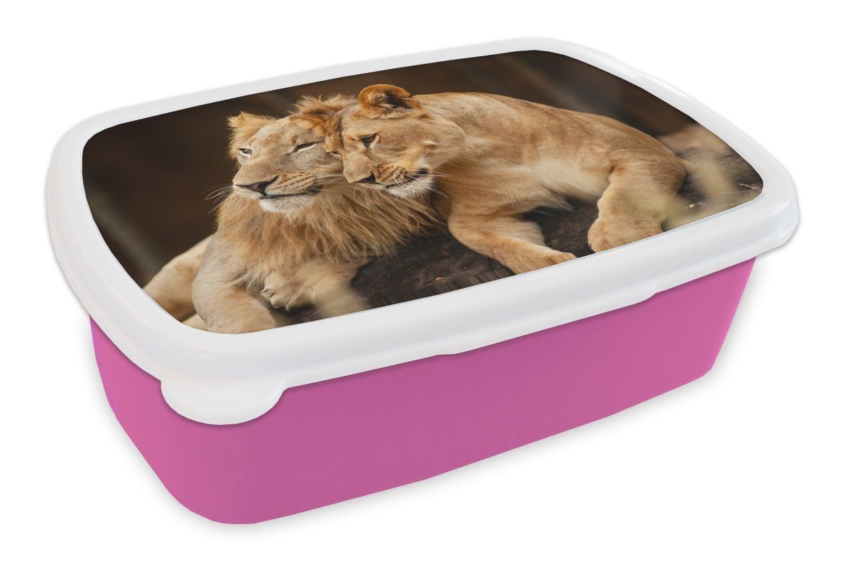 MuchoWow Lunchbox Löwen - Braun Kunststoff, für Brotbox - Mädchen, (2-tlg), Kunststoff Snackbox, Brotdose Tiere, Kinder, rosa Erwachsene