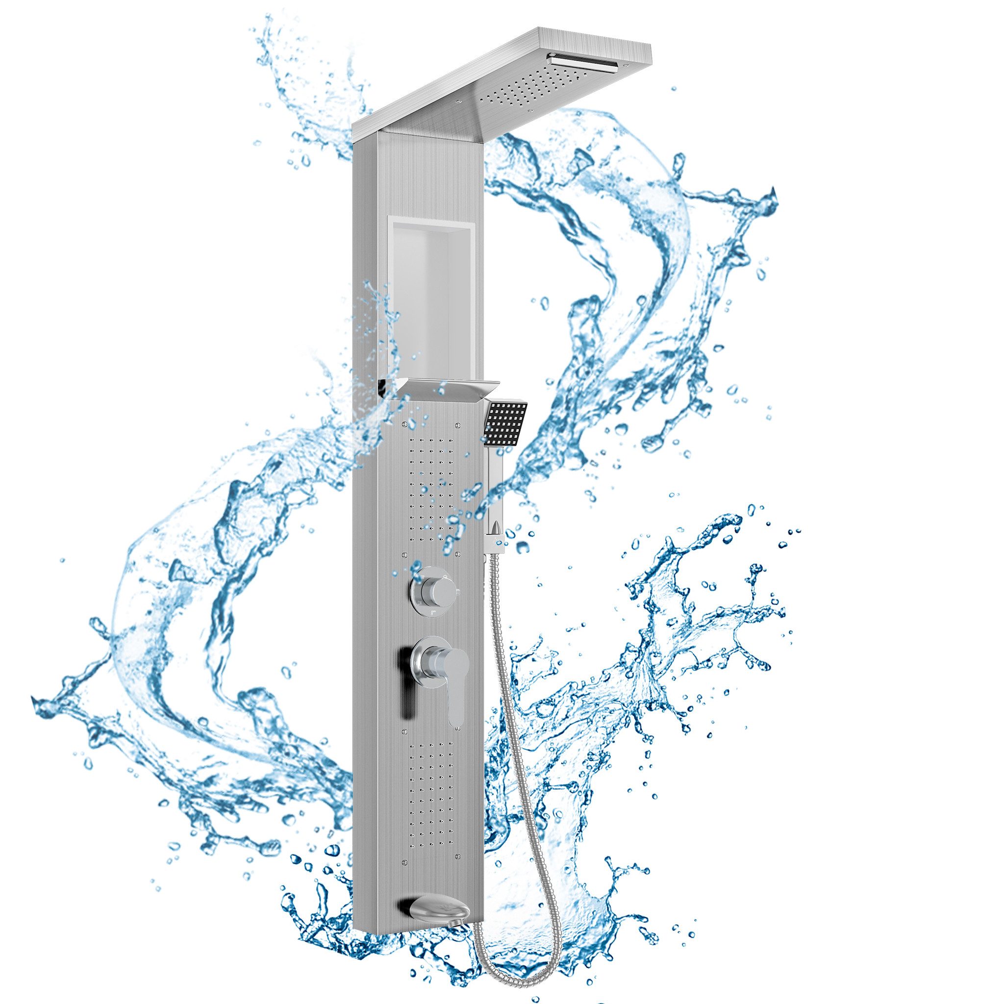 FIVMEN Duschsystem 5‑in‑1 Duschpaneel aus Gebürstetem Edelstahl Regendusche Wasserfall, Rückenmassage Handbrause multifunktional einfache …