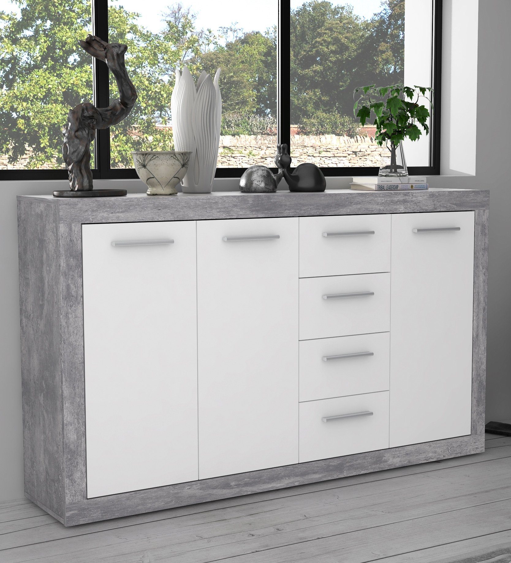 Newroom Kommode Betonoptik Lichtgrau 152 cm, Kommode Betonoptik Lichtgrau Modern Sideboard Highboard Wohnzimmer