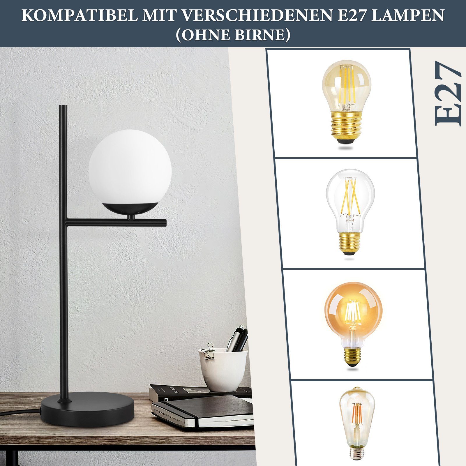 Nettlife Tischleuchte Schwarz/gold Glas Metall Modern E27 Fassung Schalter Nachttischlampe, LED wechselbar, Wohnzimmer Schlafzimmer Kinderzimmer Büro – Bild 2 von 5