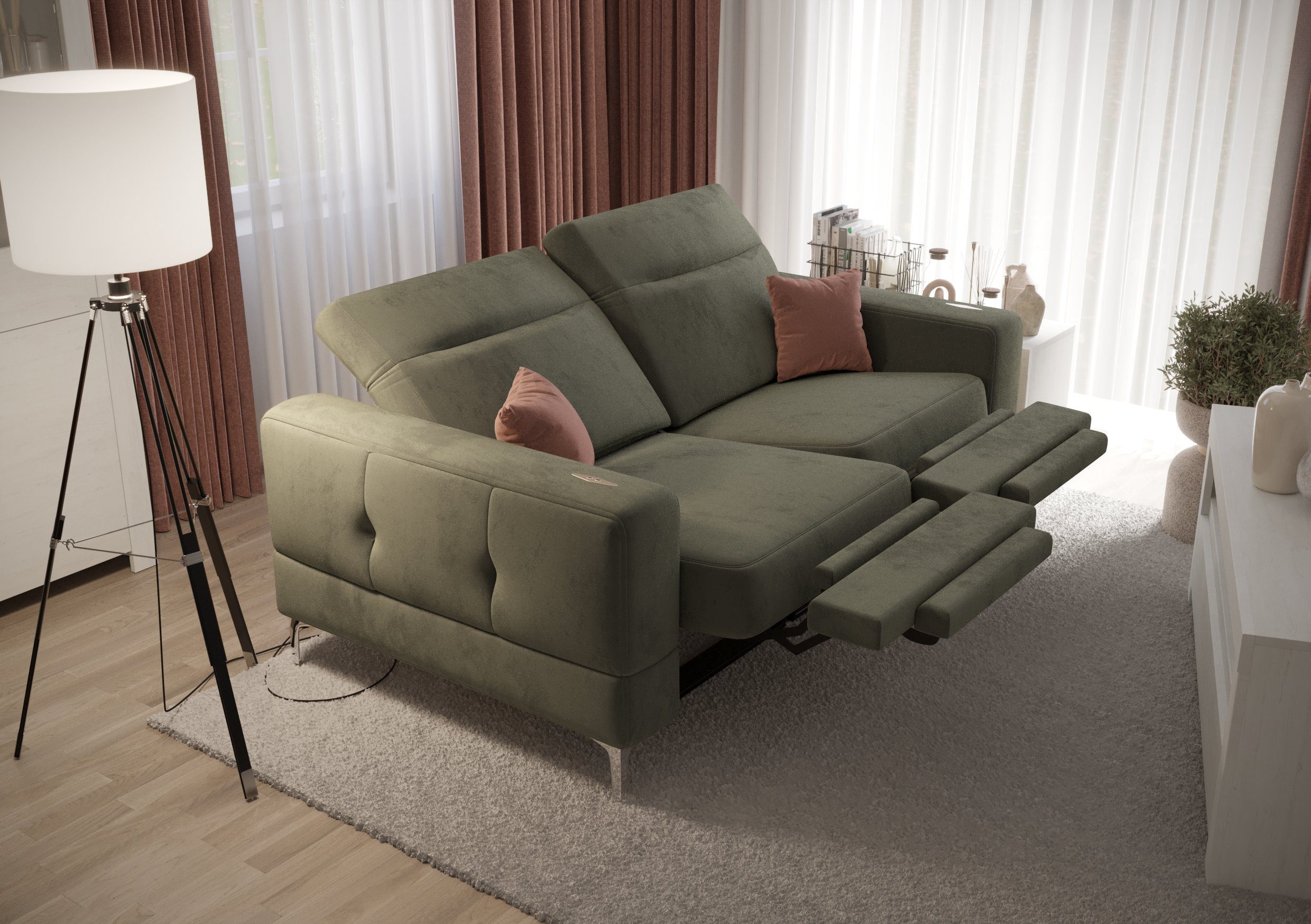 Möbel für Dich Sofa Modernes Sofa Malibu 2 Relax, mit elektrischer Relaxfunktion, mit Stoff-und Farbauswahl Veloursstoff Element 11 olivengrün