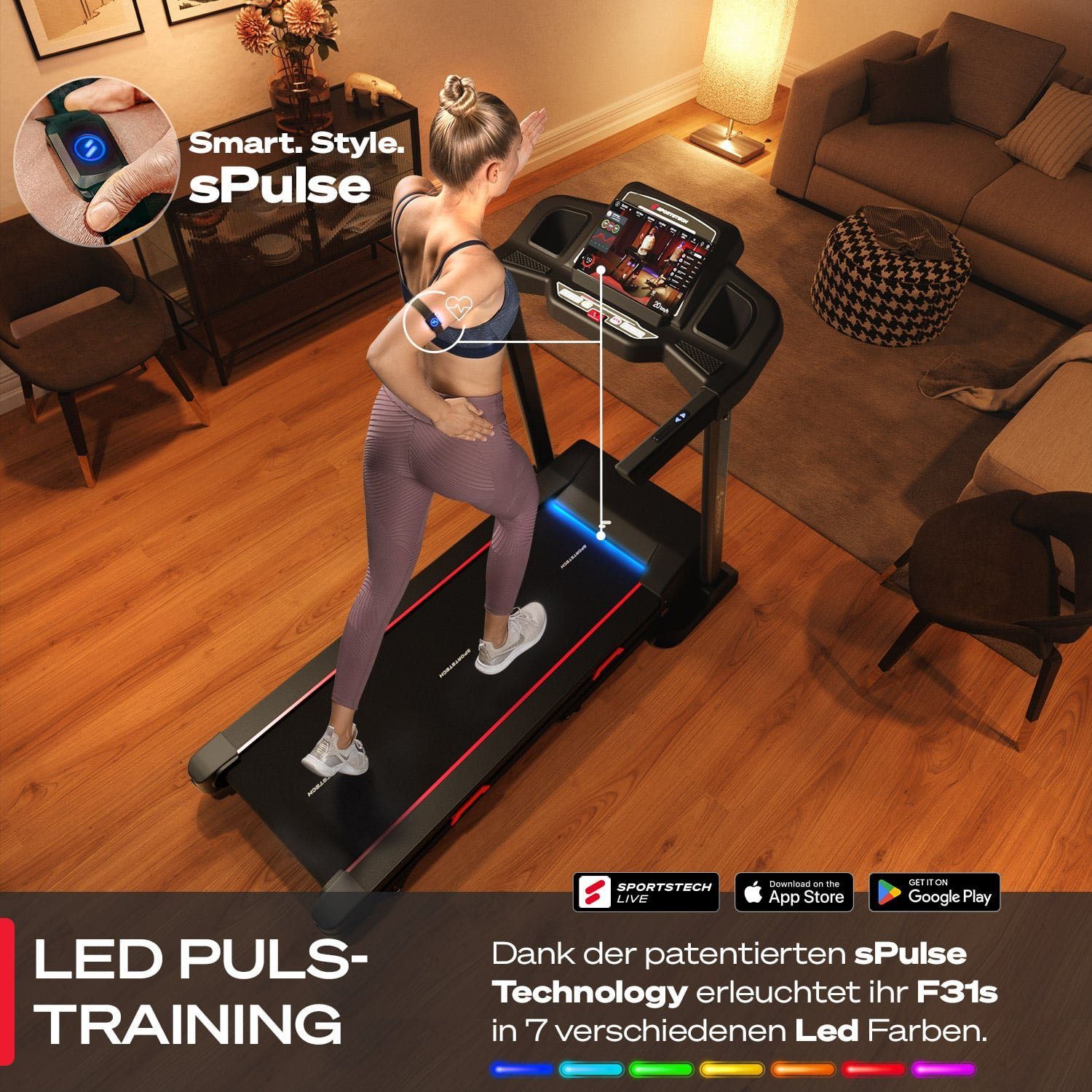 Sportstech Laufband F31s, Bis 16 km/h Speed, 15 Steigungsstufen, Klappbar, App kompatibel