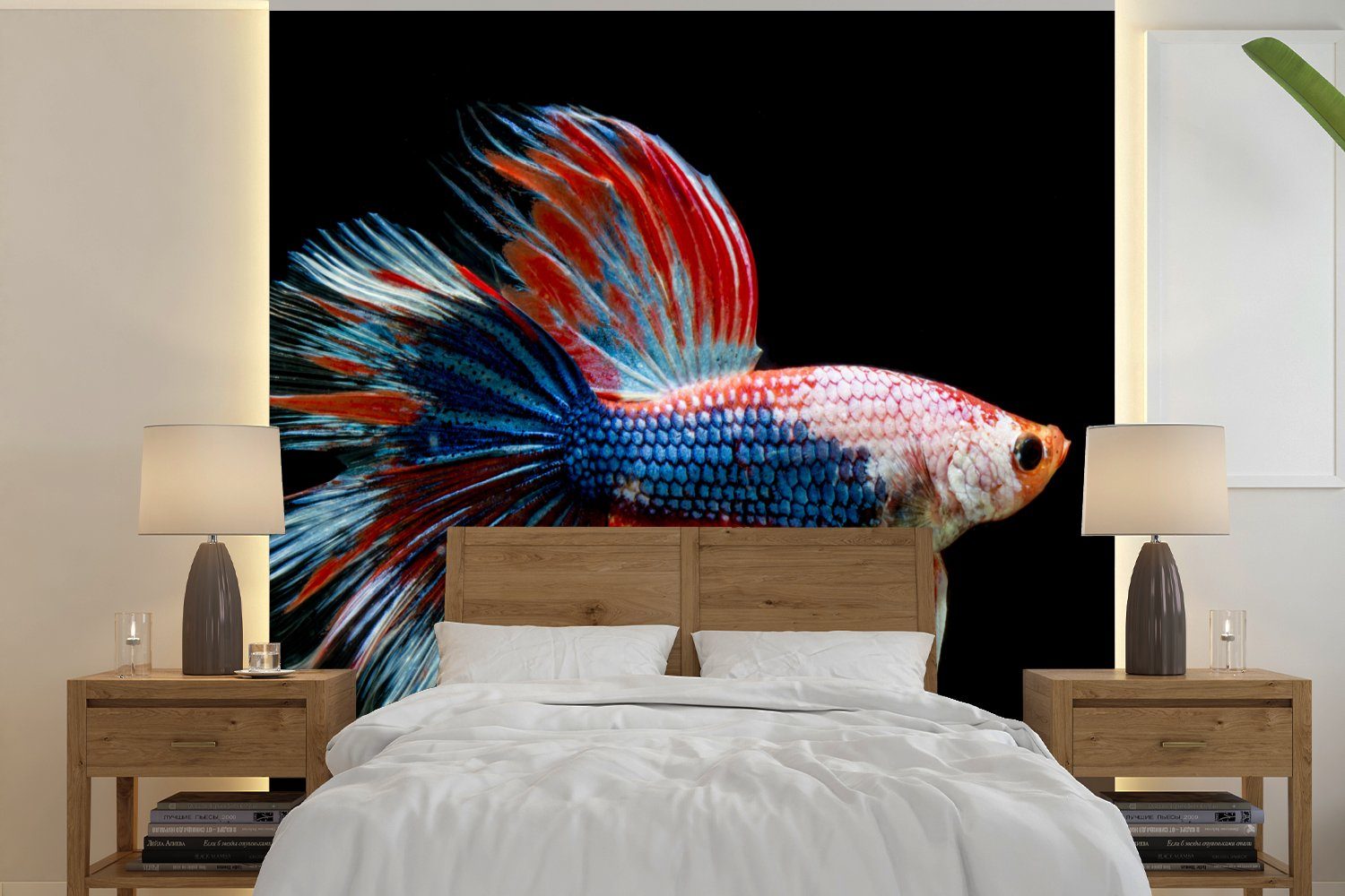 Fisch St), für MuchoWow - Fototapete bedruckt, Meerestier - Wohnzimmer Schwanz Schlafzimmer - Blau, Matt, Küche, (4 Fototapete Vliestapete