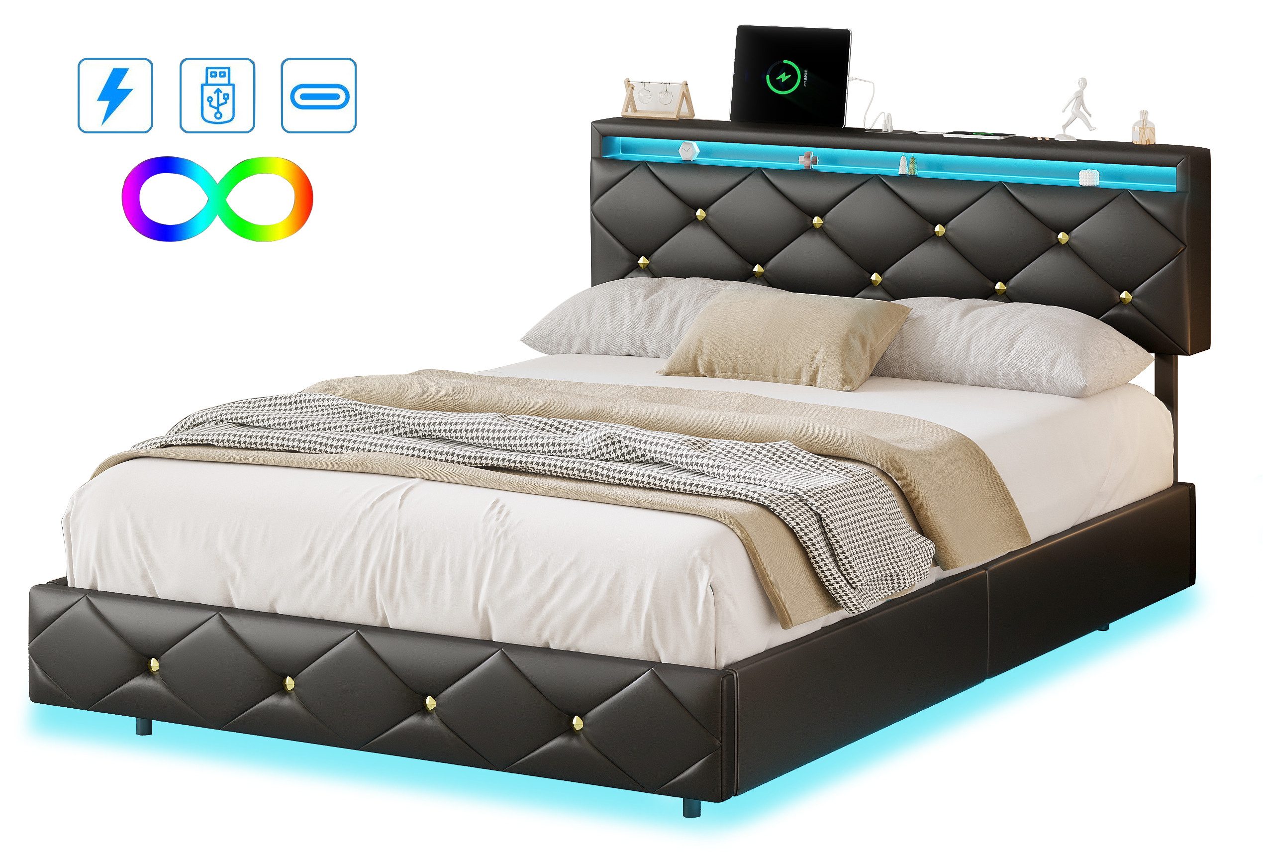 FUROKOY Polsterbett Doppelbett Stauraumbett mit LED-Beleuchtung günstig online kaufen