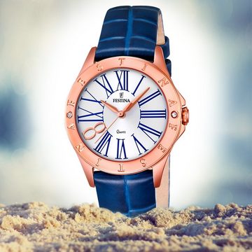 Festina Quarzuhr Festina Damen Uhr F16930/1 Leder, Damen Armbanduhr tonneau, rund, Lederarmband blau