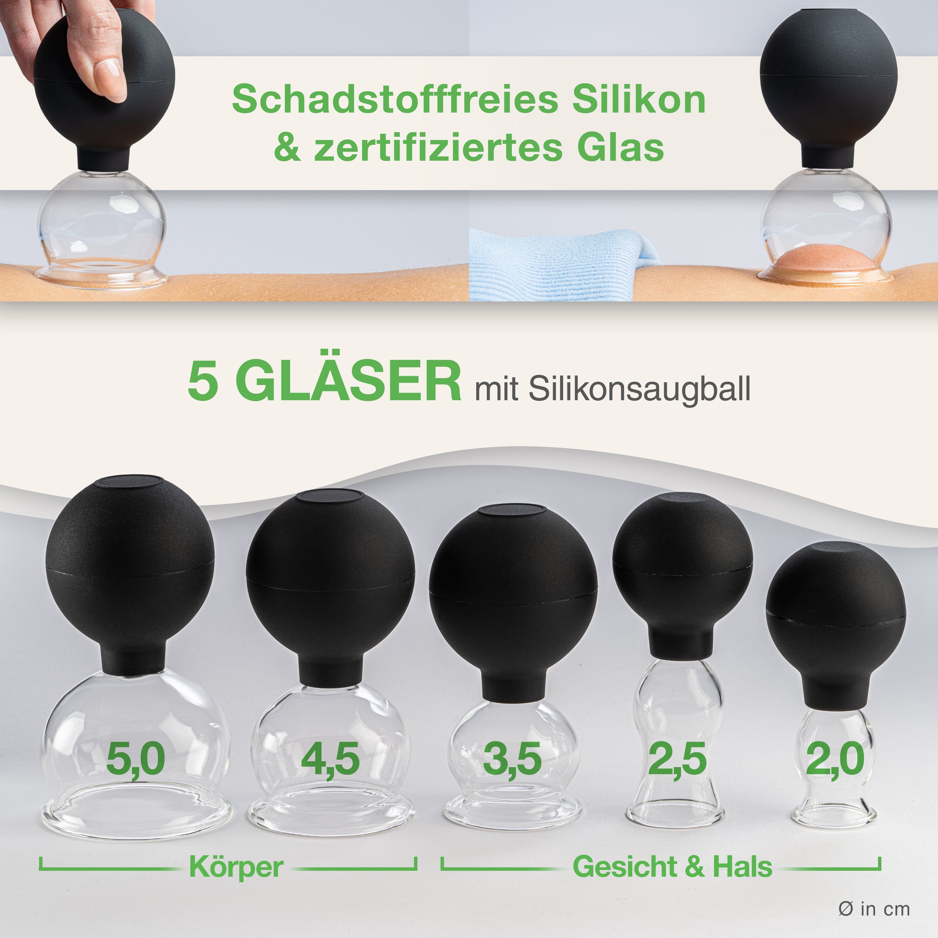 BACKLAxx® Vakuum-Massager Schröpfgläser Set aus Echtglas mit Silikon Saugball, 7-teiliges Set, inkl. 5x Glocken, 1x Faszienschaber, 1x Mikrofasertuch, vielseitig anwendbar gegen Verspannungen & als Face Cupping Set