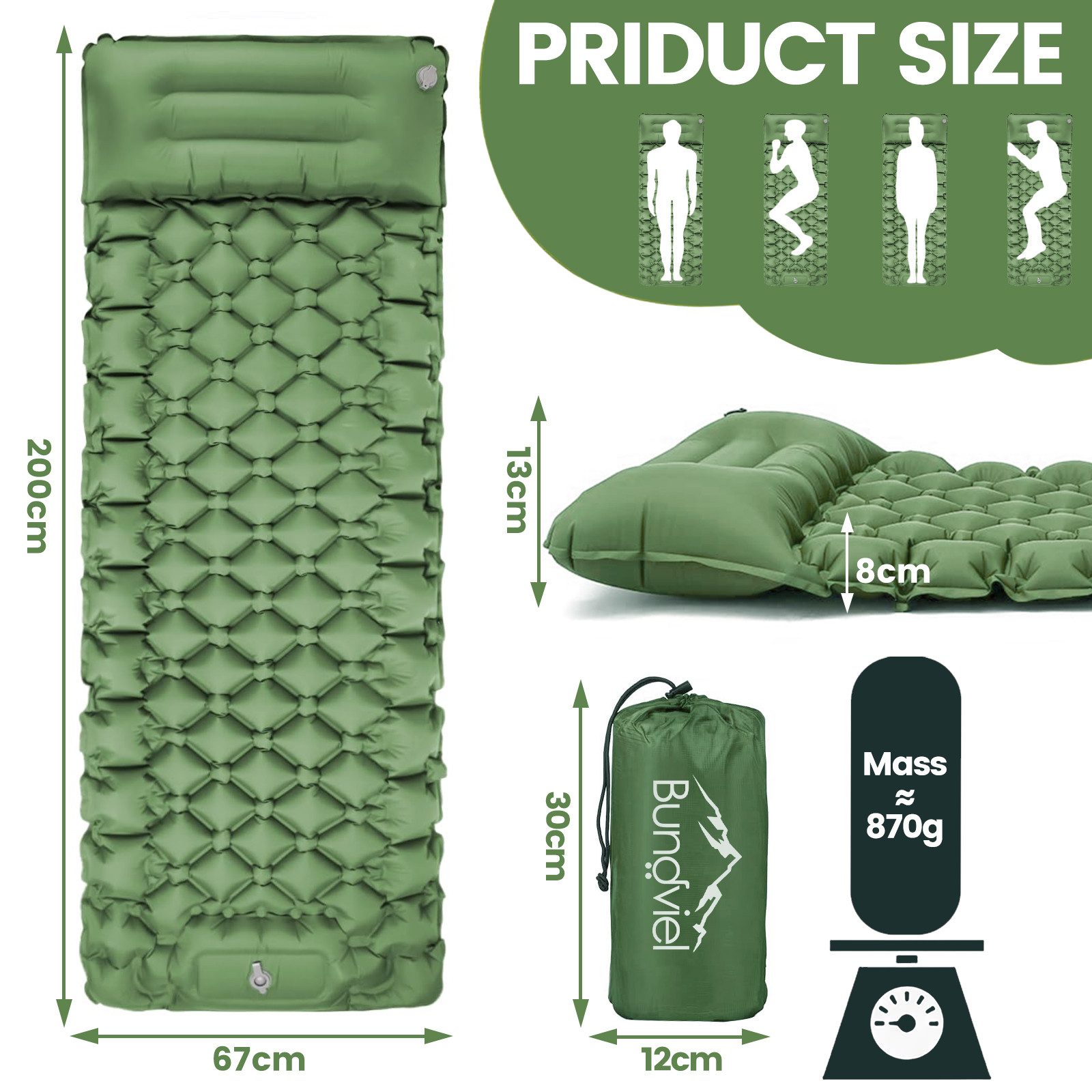 Bundviel Luftbett Isomatte Ultraleicht 8cm dick,faltbar Luftmatratze aufbla günstig online kaufen