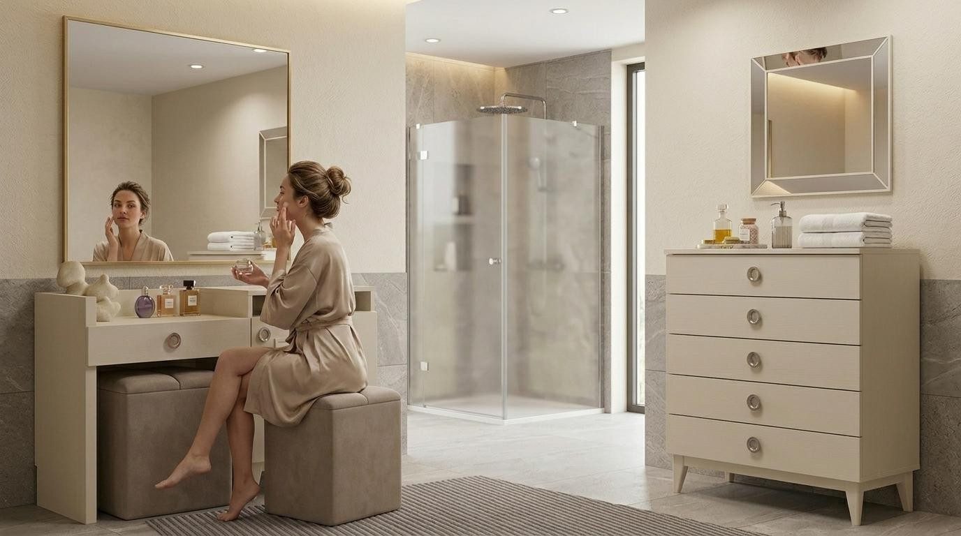 Xlmoebel Schminktisch Beige Holzkommode im modernen, minimalistischen Design, Made in Europa