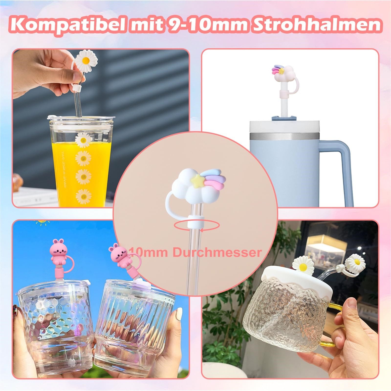 FOUORTUNATE-BEE Tasse Zubehör 8-teiliges Set Trinkhalm-Zubehör aus Silikon mit Staubschutz, 8-tlg., Praktisches Silikon-Trinkhalmset – 8 Teile für sicheren Gebr – Bild 5 von 5
