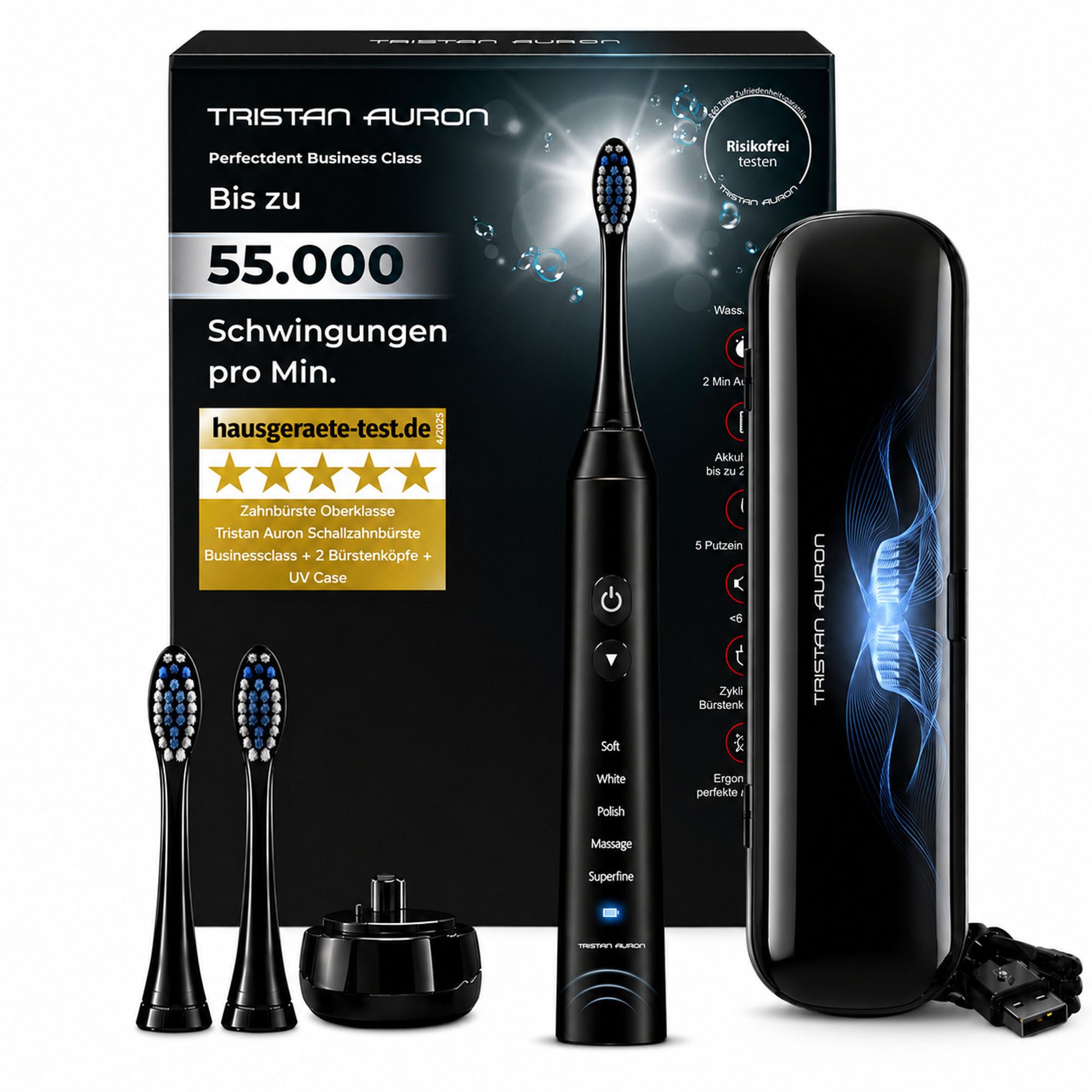 Tristan Auron Schallzahnbürste Elektrische Zahnbürste UV Case 55.000 VPM 2 Min Timer 60 Tage Akku, Aufsteckbürsten: 2 St., UV Reinigungsgerät, 5 Modis, extrem leise
