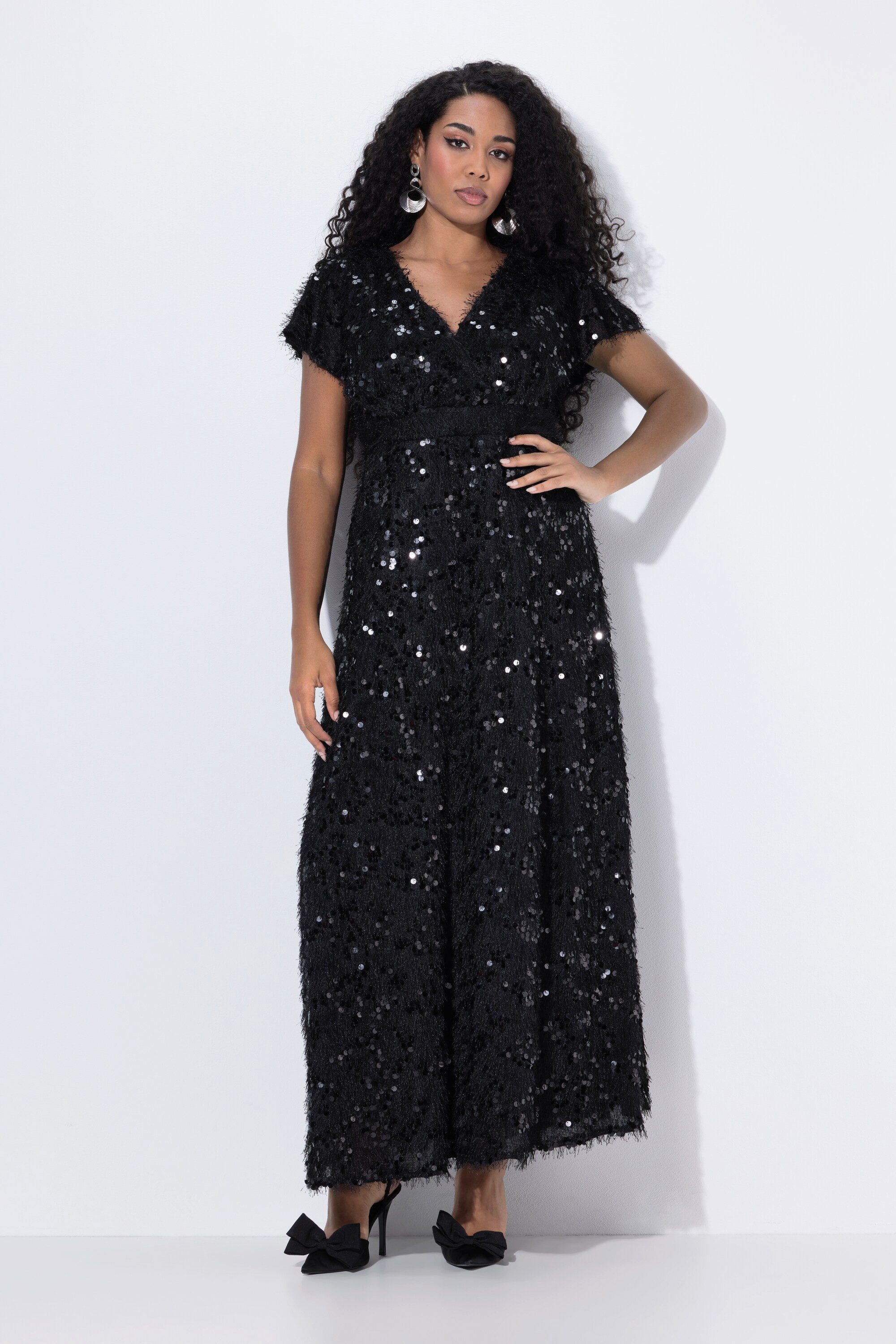 Ulla Popken Partykleid Abendkleid Pailletten Fransen V-Ausschnitt Halbarm günstig online kaufen