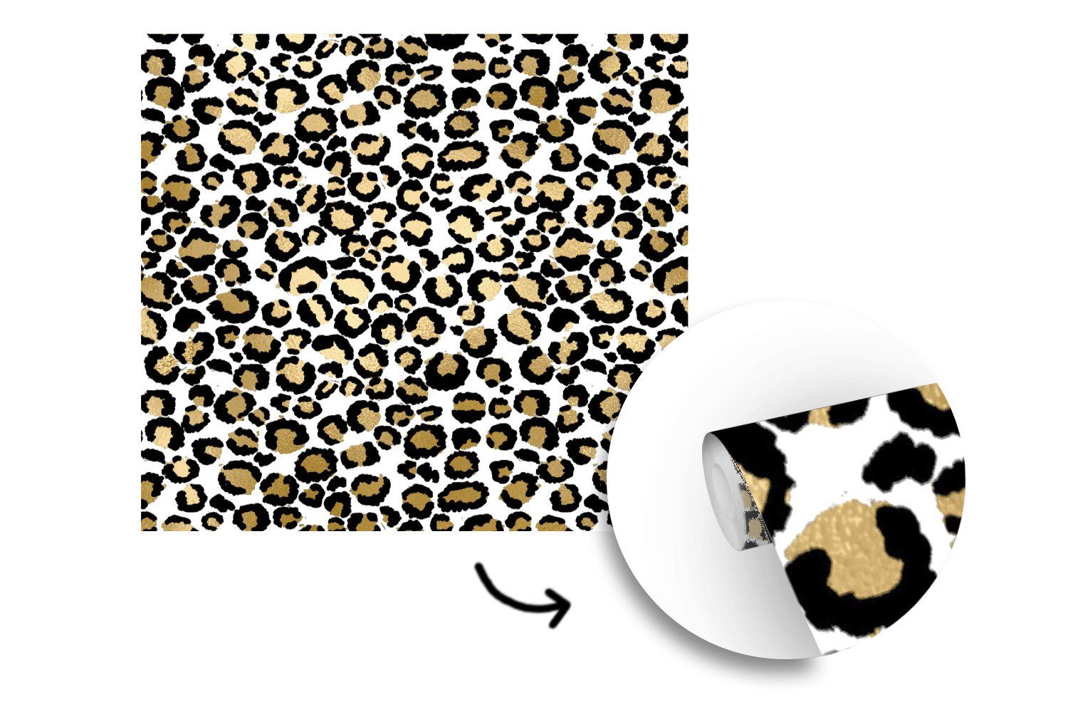 Fototapete für bedruckt, oder - St), (5 Pantherdruck Wohnzimmer Tapete Muster Gold, Matt, Wandtapete Vinyl - Schlafzimmer, MuchoWow