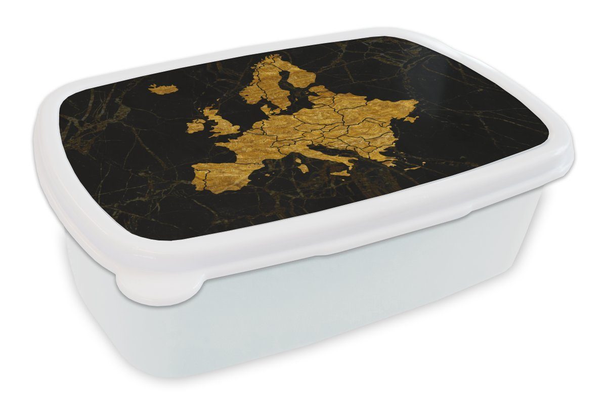 MuchoWow Lunchbox Karte von Europa - Gold - Schwarz, Kunststoff, (2-tlg), Brotbox für Kinder und Erwachsene, Brotdose, für Jungs und Mädchen weiß