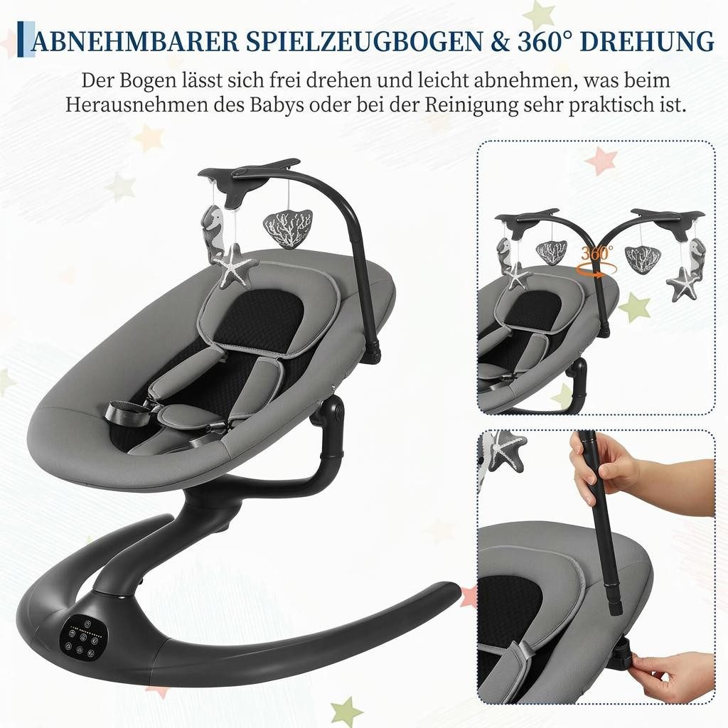 GarveeMore Babywippe Elektrische Babywippe mit Spielzeug, Babywippe mit Sicherheitsgurt, Bequeme Babyschaukel mit Hängespielzeug, Sicherheitsgurt – Bild 5 von 5