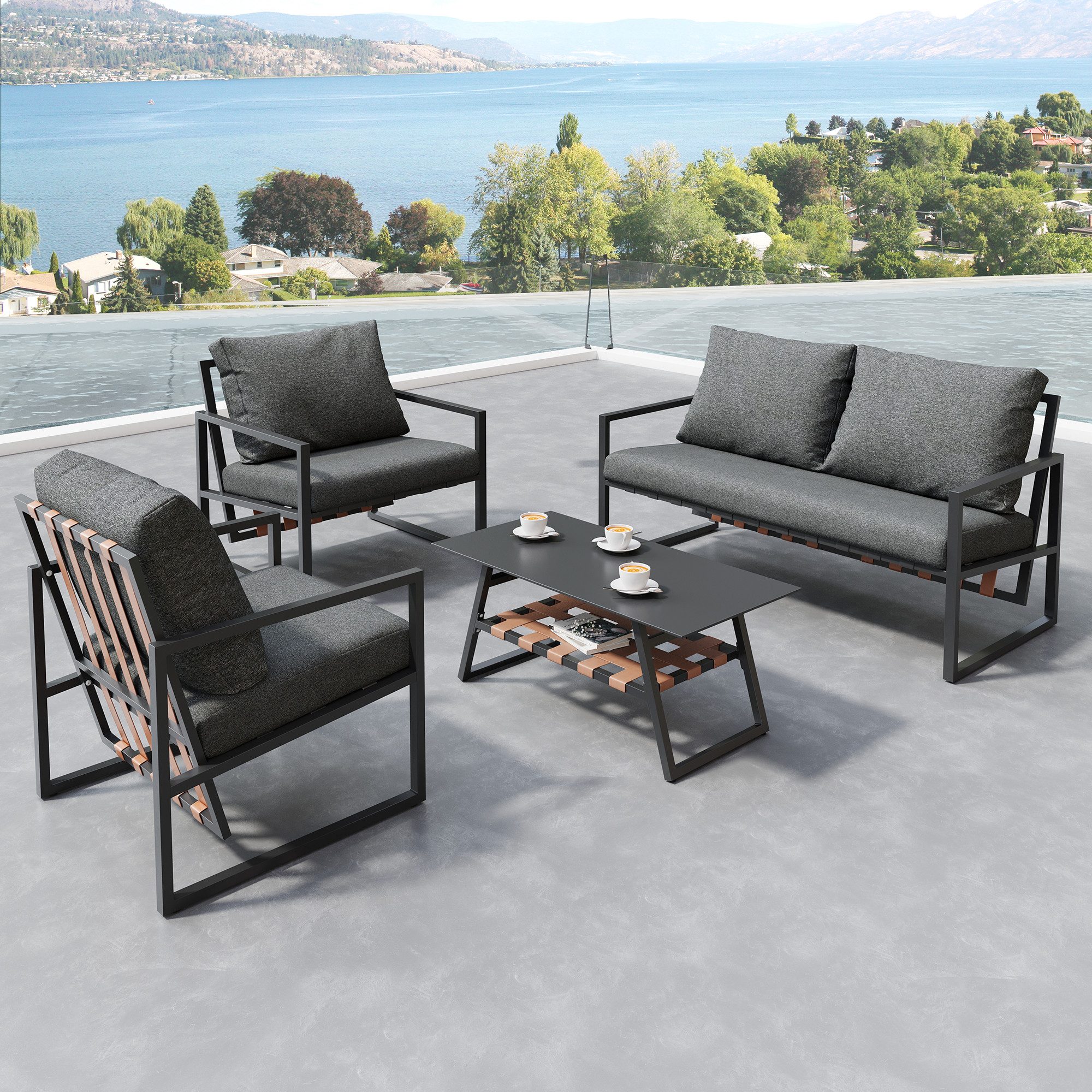 Flieks Gartenlounge-Set, 4 Sitzer Gartenmöbel Balkonset Sitzgruppe(1 Sofa + 2 Sessel + 1 Tisch)